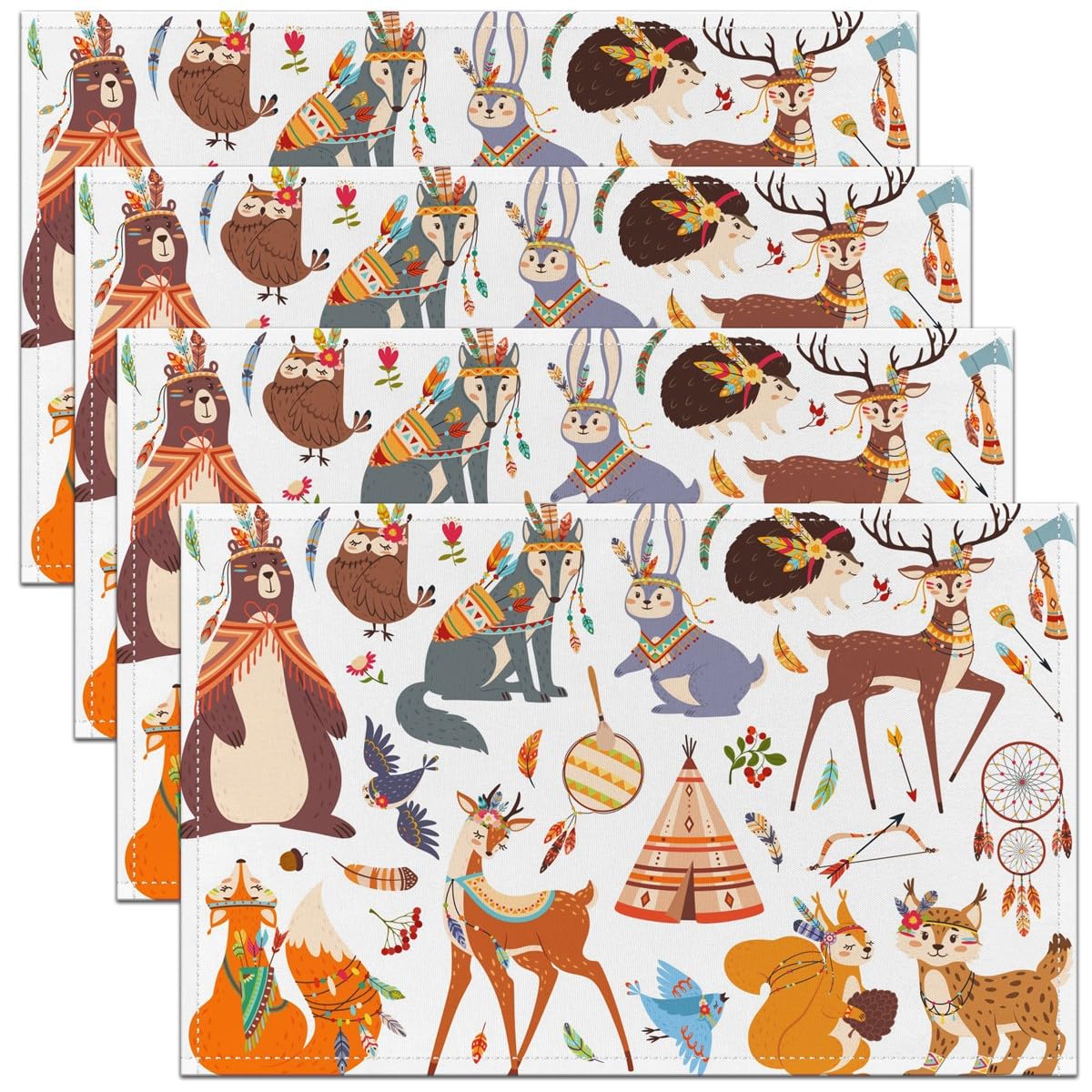 Kawaii Woodland Animals Bohemian Place Mats,Squirrel Wolf Rabbit Hedgehog Sika Deer Placemats,Cowboy Ethnic Tribe Indian Tent Table Mats 45x30cm Set of 4,Southwest Native Kawaii Meal Mats