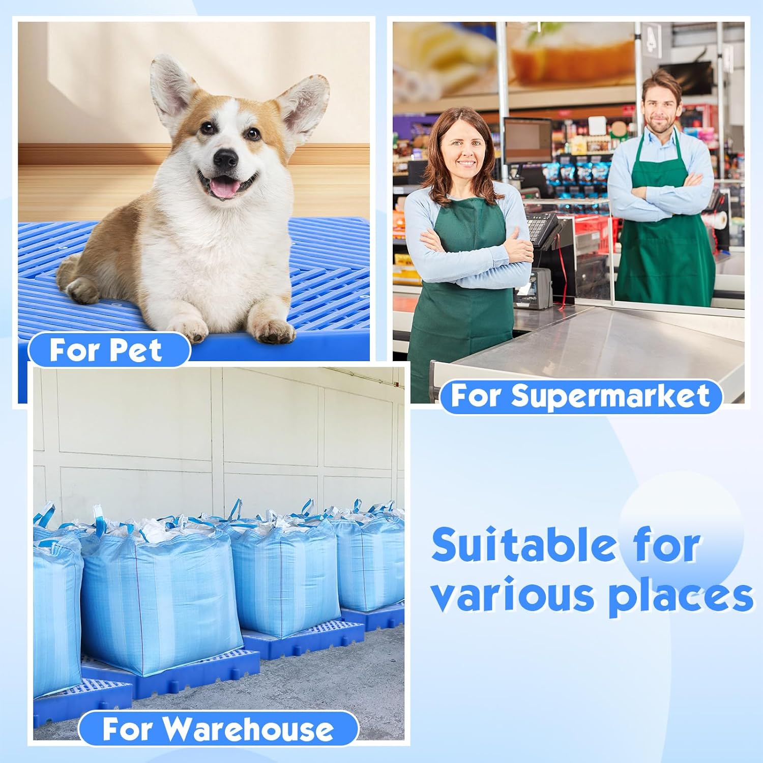 10 Pcs 15.75 x 15.75 x 1.97 Inch Plastic Pallets Lightweight Moisture-Proof Floor Waterproof Storage Grid Pad Grid Ventilation Pallet for Garage Supermarket Outdoor Basement(Blue)
