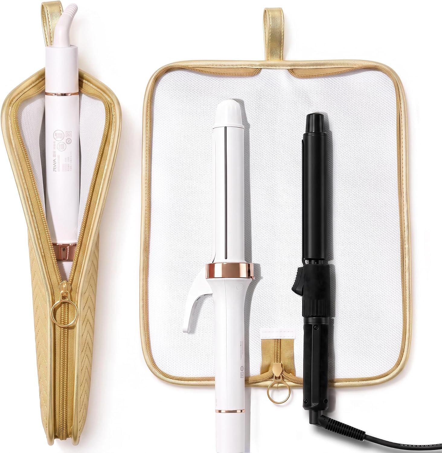Holder & Mat for Curling Iron Flat Iron, Hot Hair Tools Travel Bag, Gold