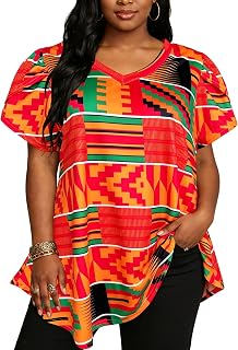 Afibi Womens Print Shirt African Dashiki Short Sleeve V Neck Loose Tunic Tops
