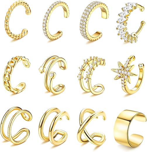 Dochais 9pcs Ear Cuff 14K Gold Plated Cuff Earrings Gold Ear Cuffs Non Pierced Ear Clips Cartilage Earring Fake Earrings