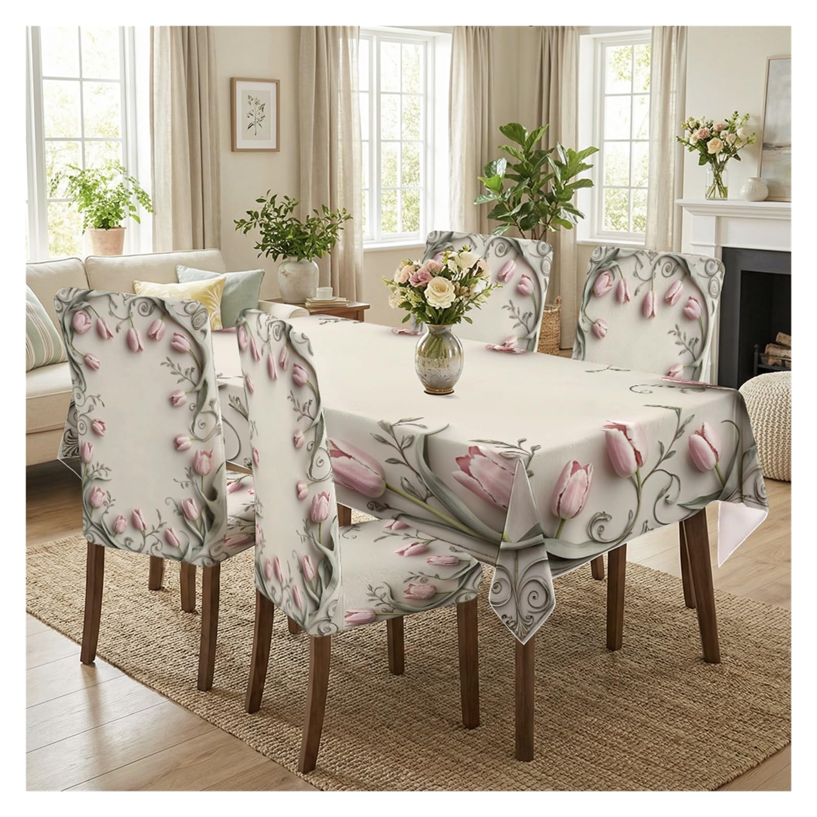 BOSUYBN Light Base Pink Tulip Floral Print Dining Tablecloth & Chair Covers Set, 5/7 Piece Elegant Classic Cottage Dining Decor Table Setting(5pcs Set: Tablecloth+Chair Covers)