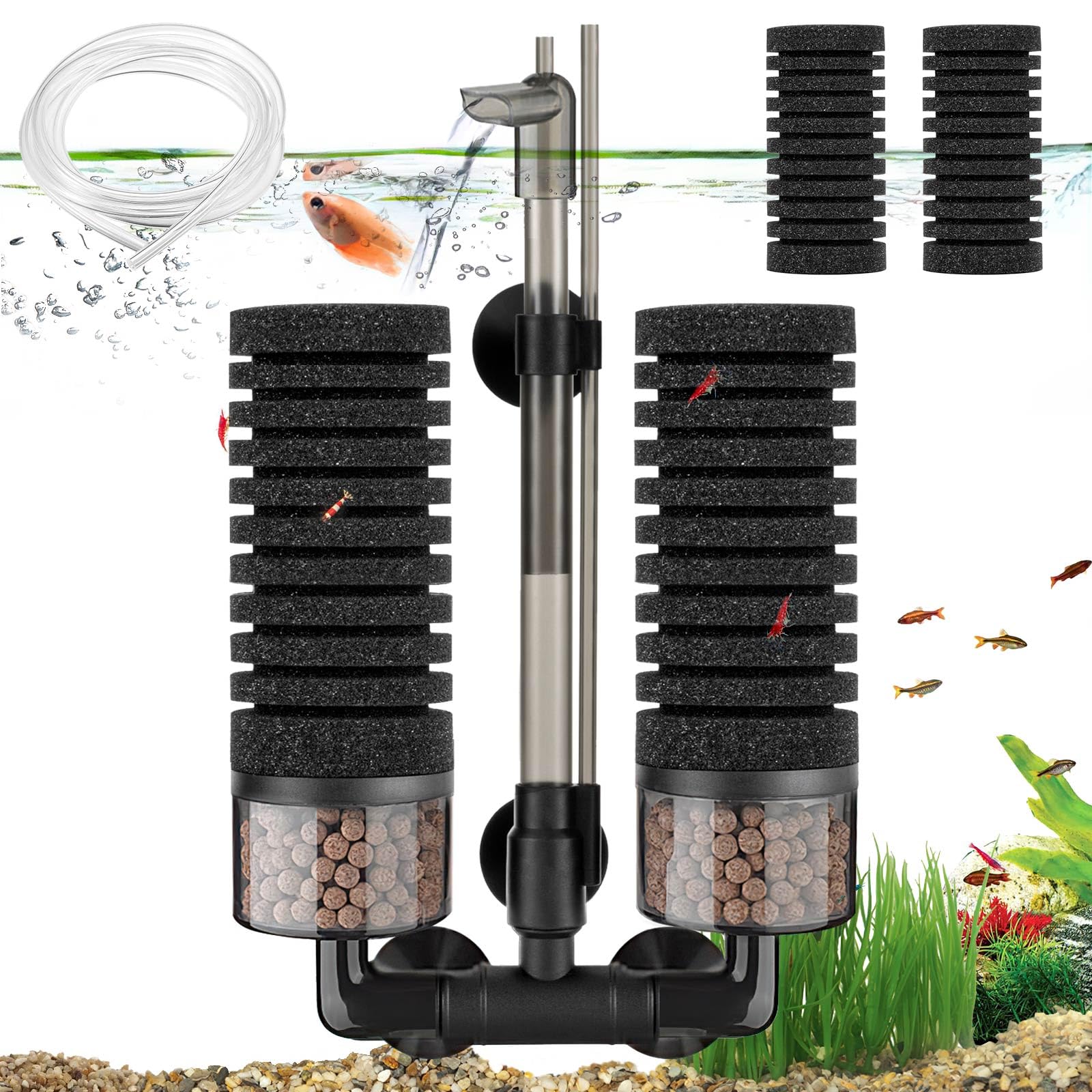 Digoos Aquarium Sponge Filter for 20-55 Gallon, with 2 Spare Sponges and 2M Spare Tube ，for Shrimp,Betta, Nano Fish Tank