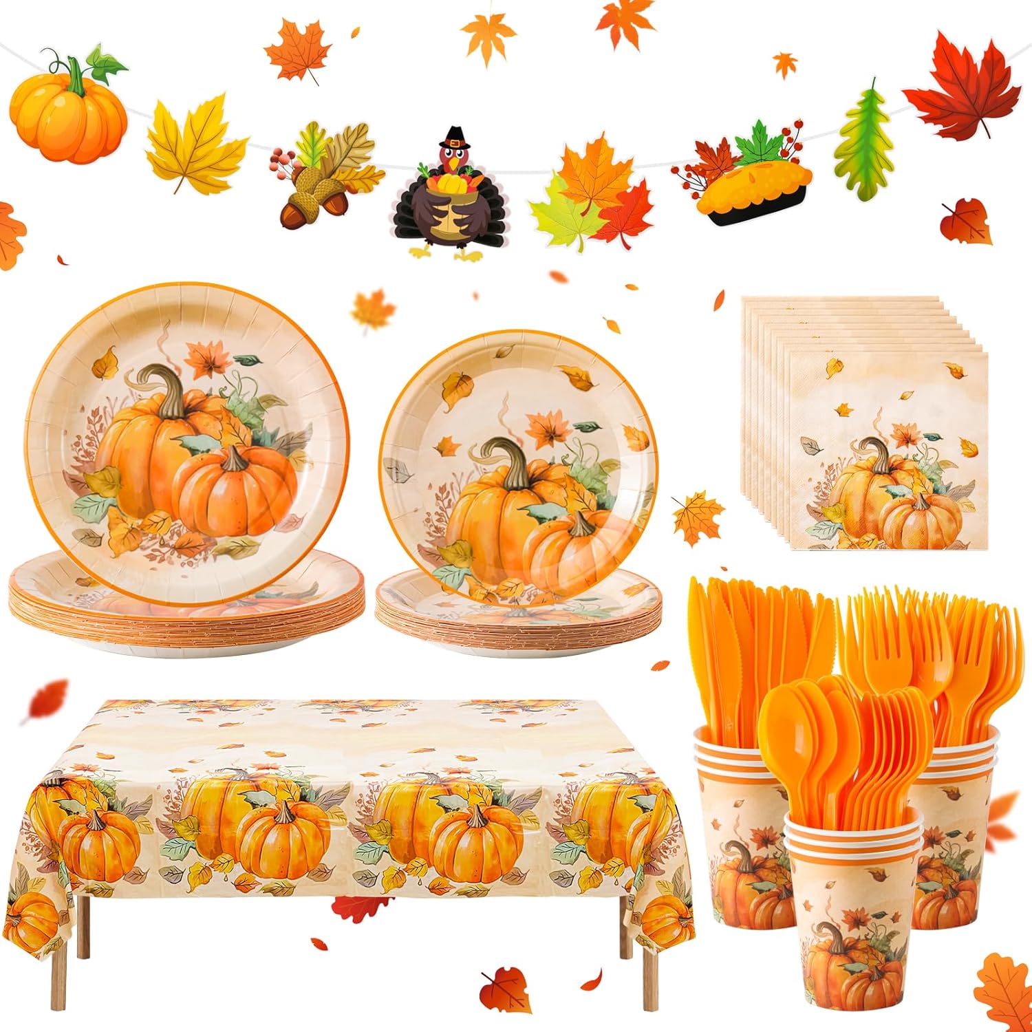 WinTS 170 pcs Thanksgiving Plates Set for 24 Guests,9" x 7" Thanksgiving Themed Party Disposable Dinnerware Set Thanksgiving Pumpkin Dinner Paper Plates for Harvest Autumn Holiday Fall Party