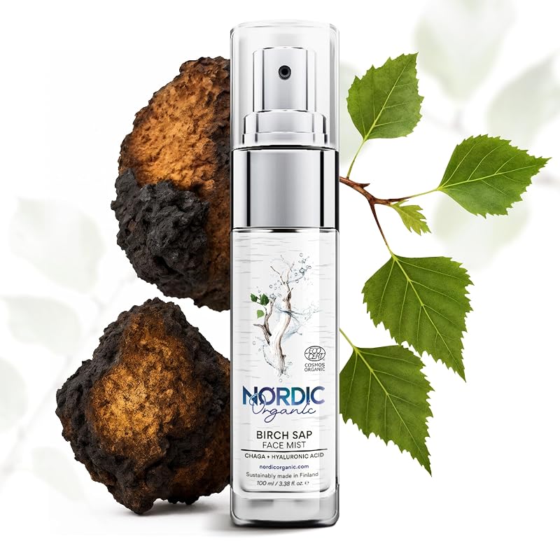 Bruma facial de seiva de bétula Nordic Organic com ácido hialurônico e cogumelo Chaga, sem fragrância, 100 mL, 1 frasco