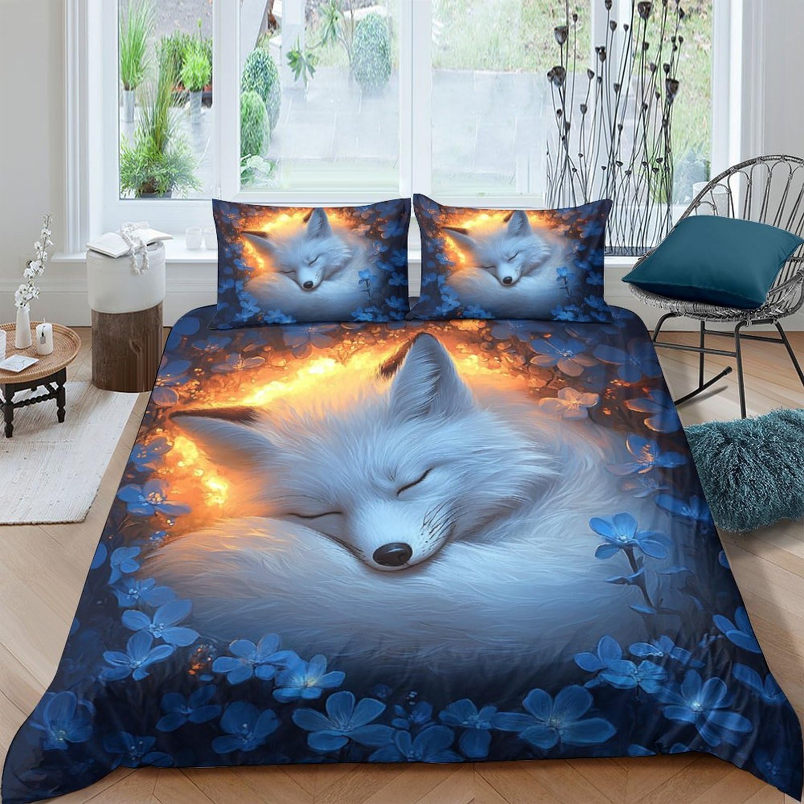 GPLZQXKJNH 3D Printed Arctic Fox Duvet Cover Set Microfiber Soft Breathable Blue Fire Fantasy Bedding with 2 Pillowcases for Bedroom Single（135x200cm）