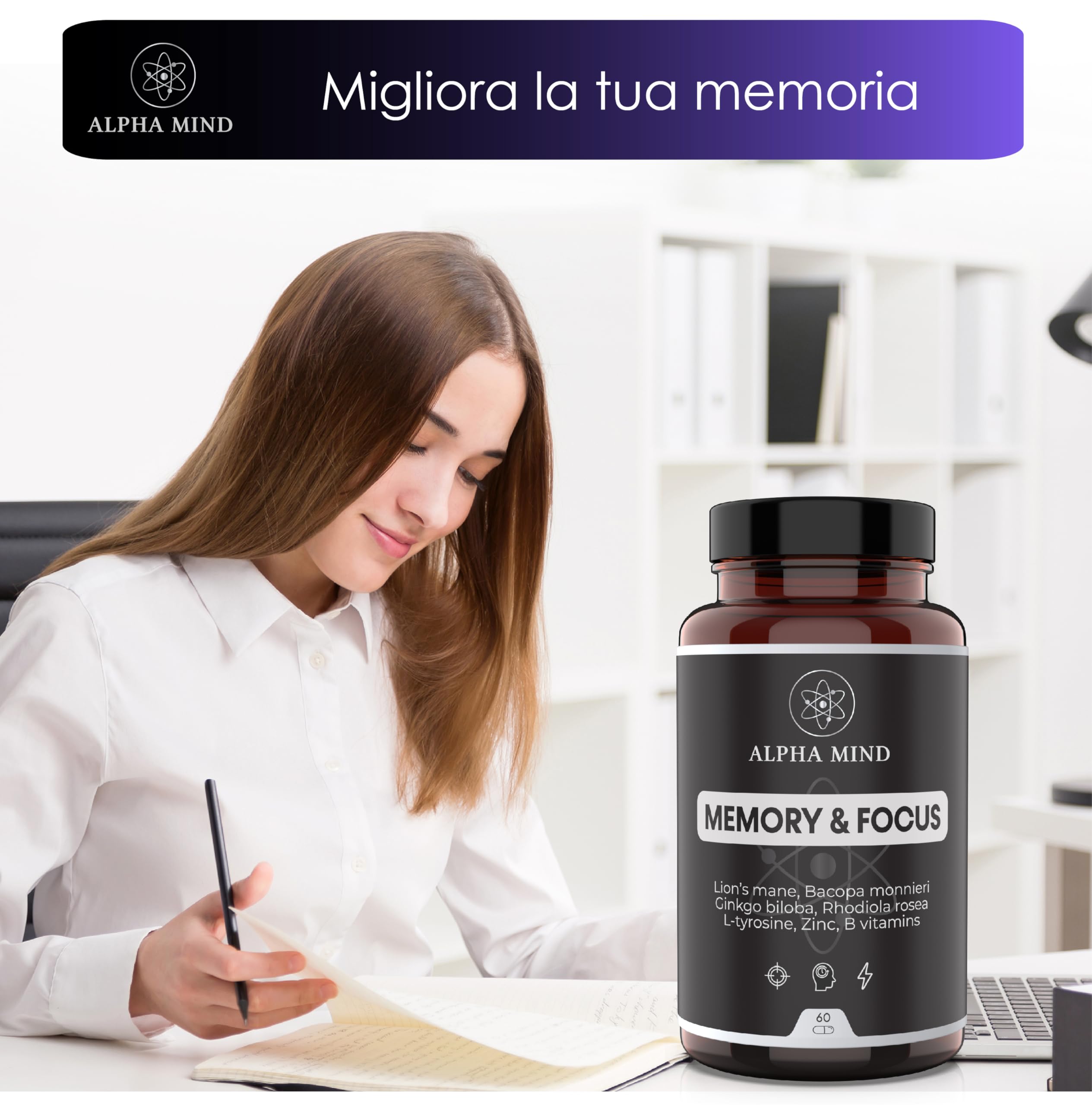 Nootropico Potente Naturale - Concentrazione, Memoria, Agilità Mentale - Con Lions mane, Ginkgo biloba, Bacopa Monnieri, Rhodiola Rosea, L Tirosina, Zinco, Vitamine B - Senza Caffeina