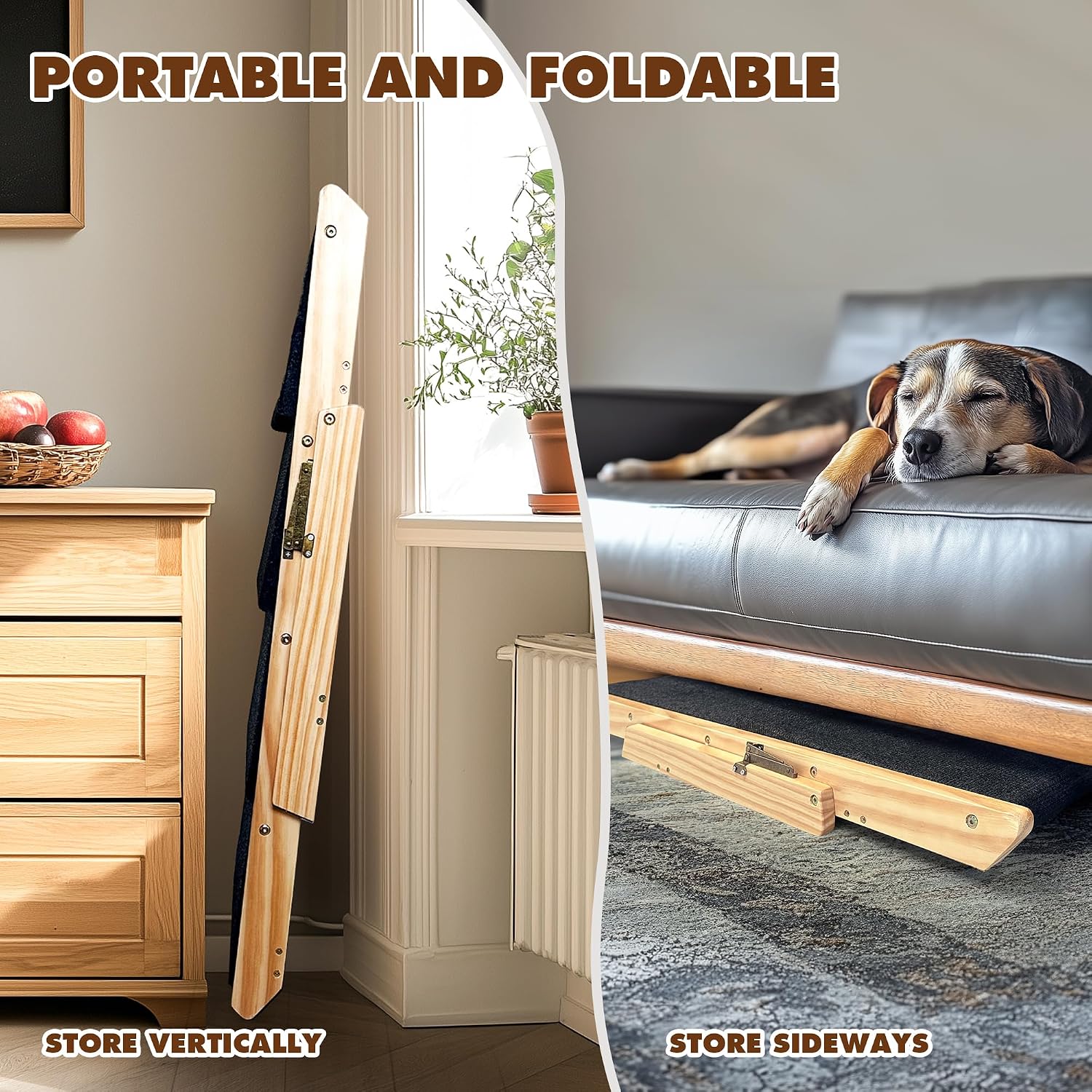 ChicFurnit Wooden Dog Stairs, 4-Level Wooden Pet Steps, Foldable Pet Ladder for High Bed Couch Cars, Non-Slip Pet Stairs for Small Large Medium Dogs and Cats, Pet Steps for Travel or Home, Yellow&Gray
