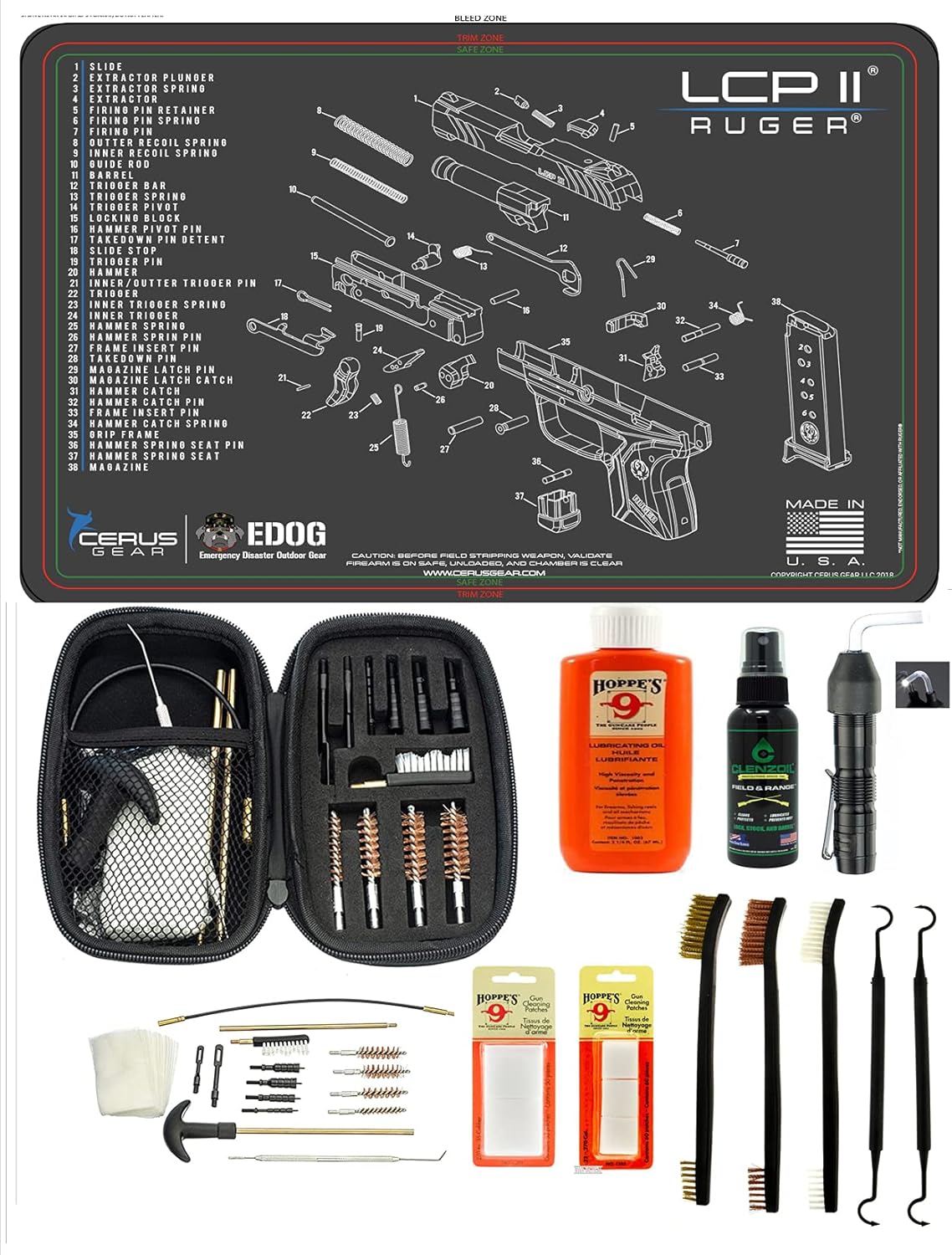 EDOG 29 Pc Pistol Cleaning System - Compatible with Ruger LCP II - Schematic (Exploded View) Mat, Range Warrior Universal .22 9mm - .45 Kit & Clenzoil CLP & Gun Oil & Patchs