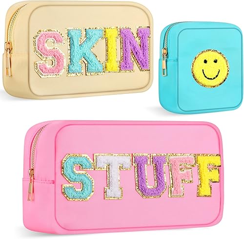 Bolsa de maquillaje de 3 piezas de parche preparado bolsas de cosméticos de nailon bolsa de maquillaje de viaje bolsa de maquillaje universitaria