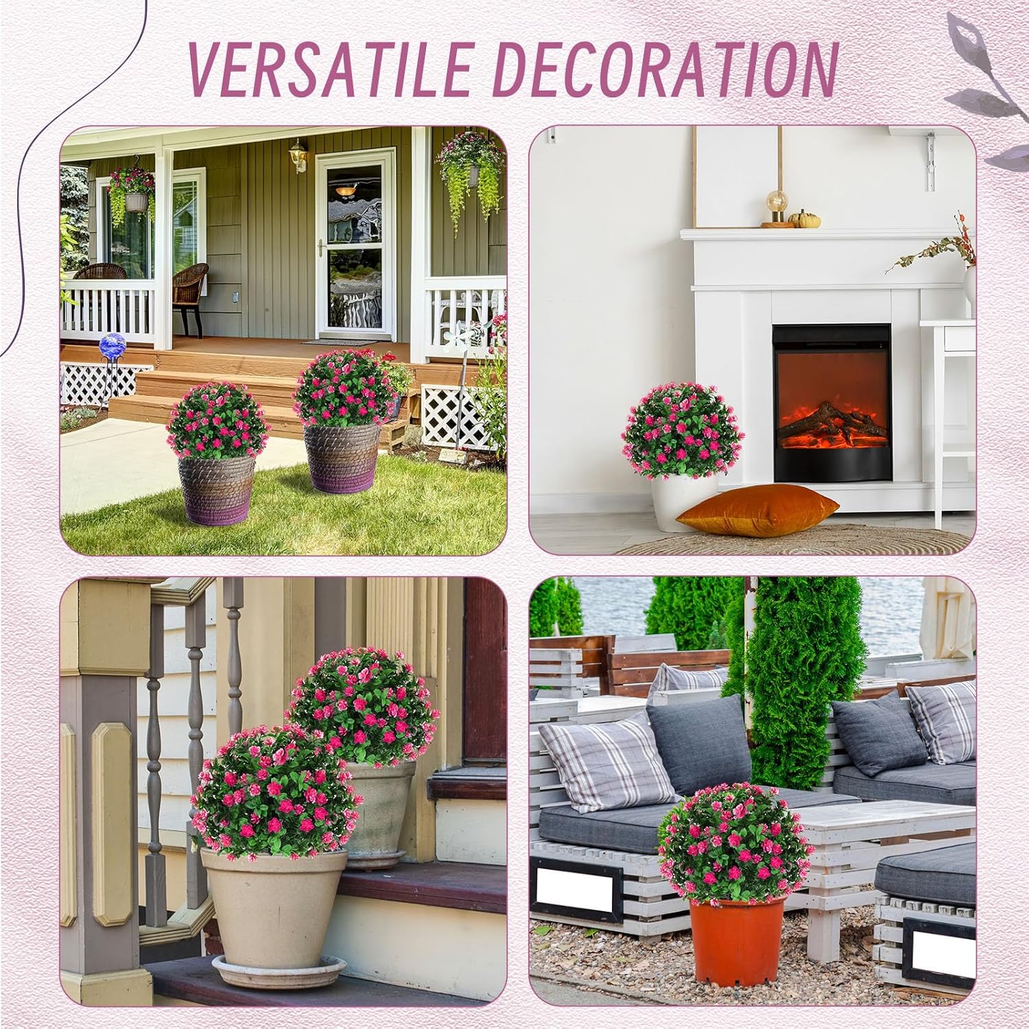 Yunlly Set of 6 Artificial Boxwood Topiary Ball Tree 16 Inch Outdoor Topiary Tree with Flower Fake Bushes, UV Resistance Faux Shrubs Evergreen Plant with Spike for Front Porch Indoor Decor (Pink) - Image 6