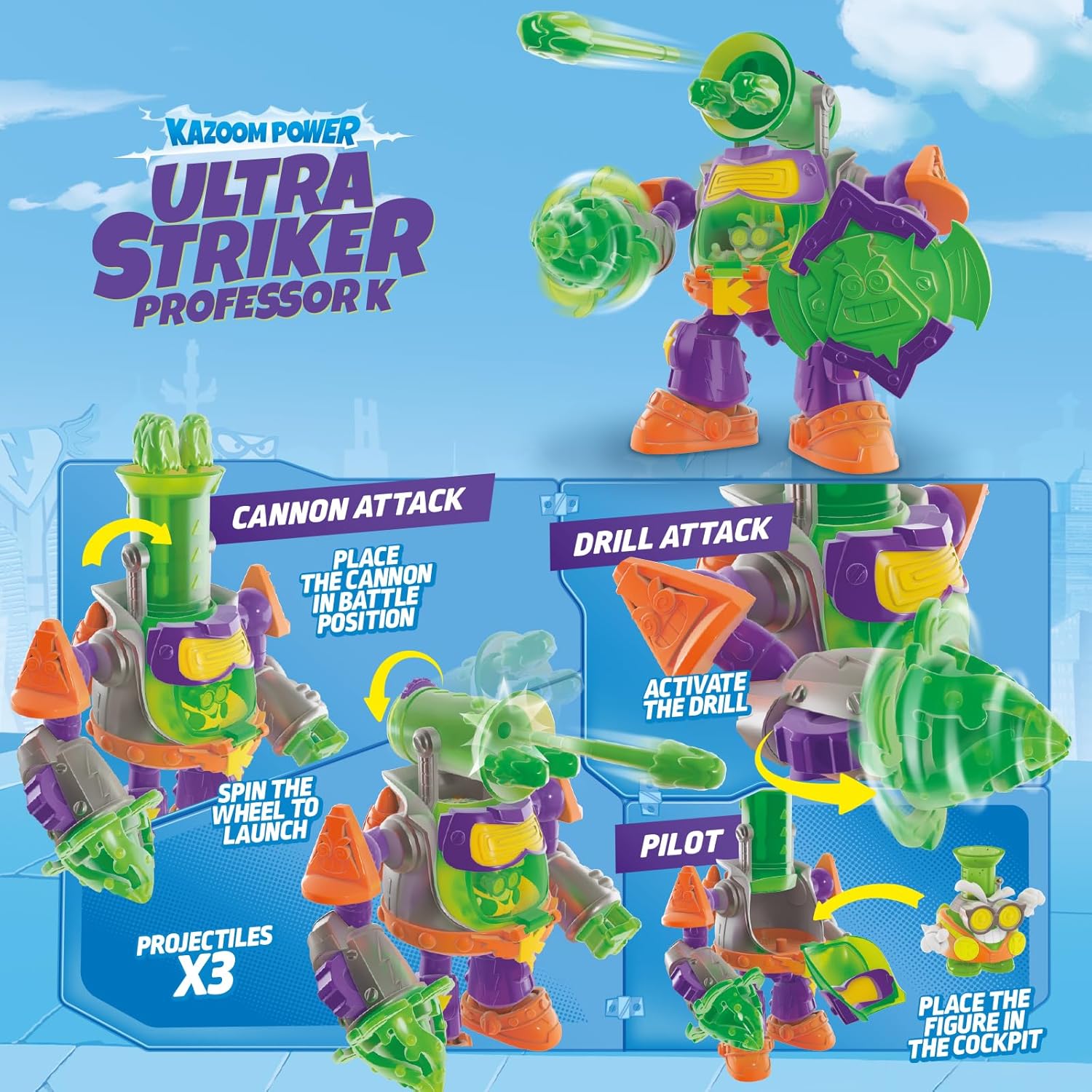 SUPERTHINGS - Ultra Striker Professor K.Robot Ultra Striker by Professor K from The TV Series SuperThings Kazoom Power. Includes 1 Ultra Striker Robot, 1 Exclusive Teacher K, 3 Projectiles, 1