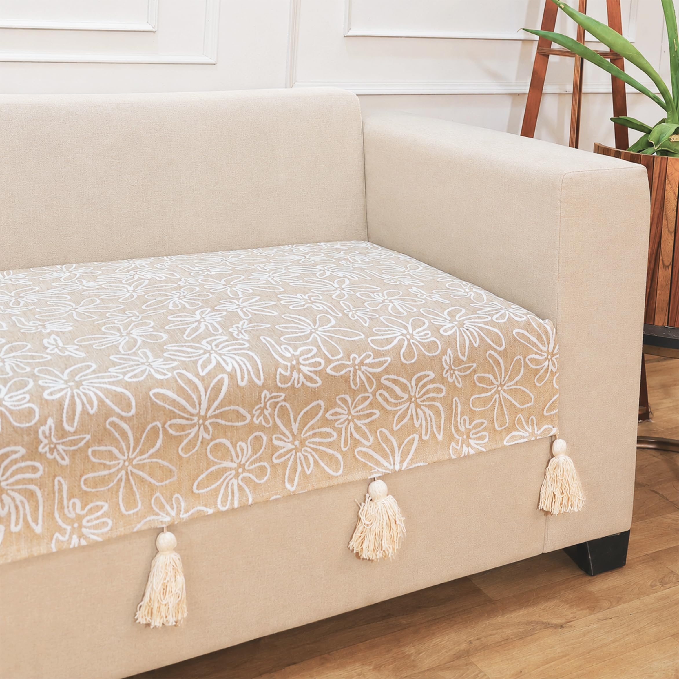 STITCHNEST 'Verdant Phool Stories' 2 Seater Sofa Cover| Elegant Jacquard Fabric, Decorative Tassels, Washable & Durable for Modern Living