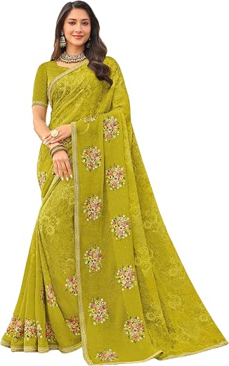 Laxmipati Mirinda Green Chiffon Floral Embroidered Saree