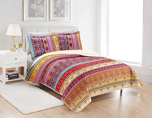 Miniatura 4 de Juego de edredón bohemio de 3 piezas tamaño matrimonialqueen de microfibra con 2 fundas de almohada, suave, ligero, colorido, bohemio, juego de