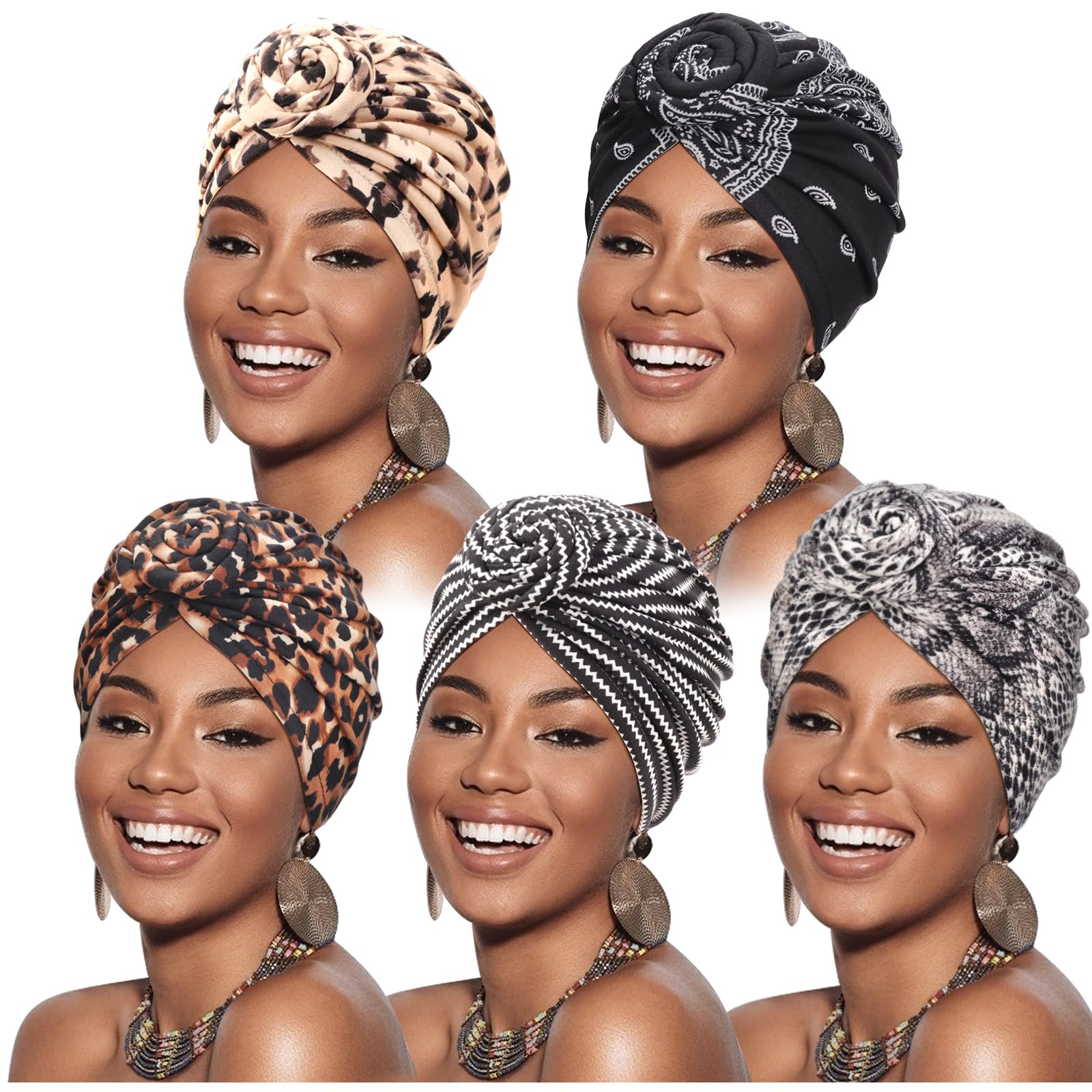 DRESHOW 5 Pack Knotted Headwraps for Women African Turban Pre-Knotted Beanie Headwraps Hair Covers