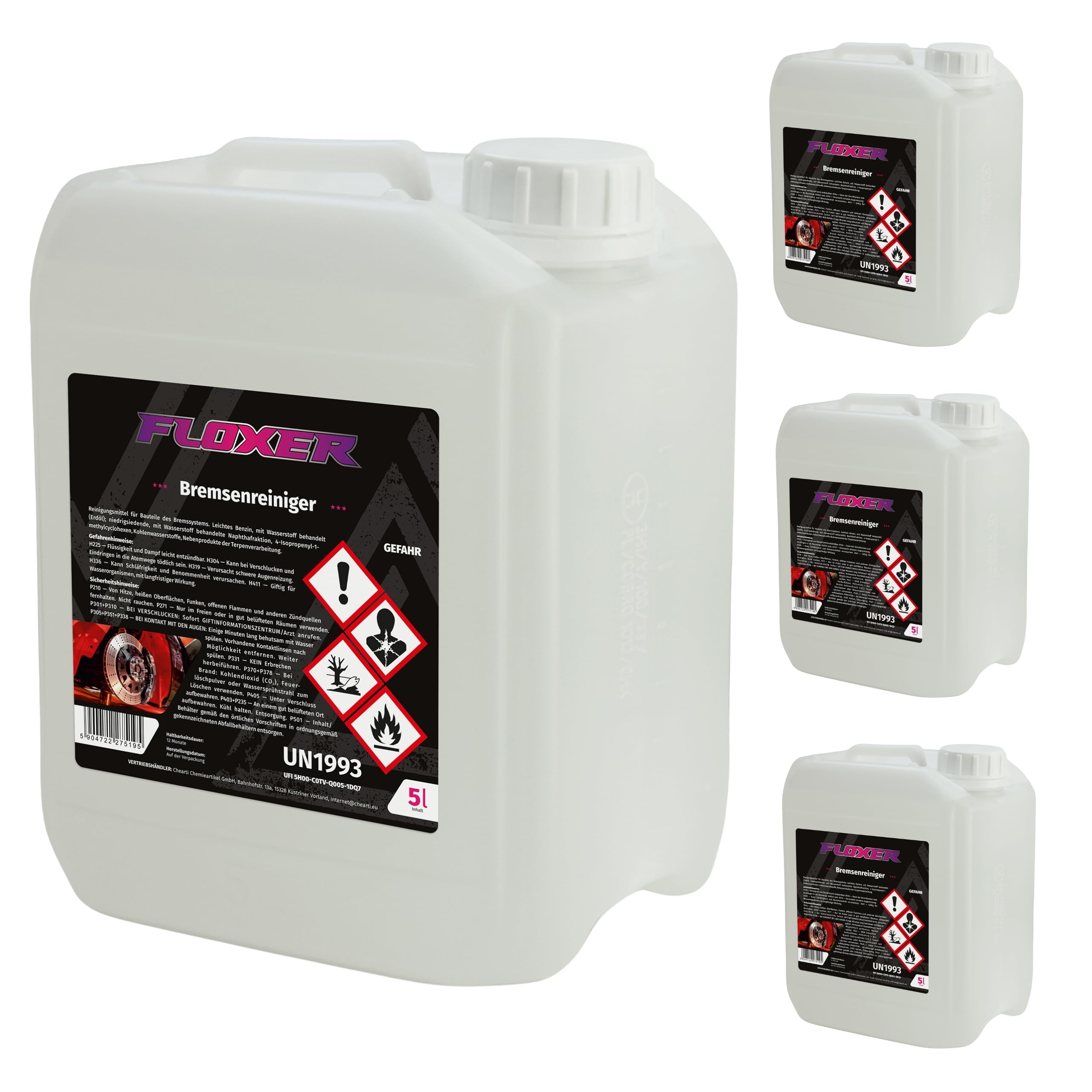 Bremsenreiniger Floxer 20L (4X 5L) - für Auto, Motorrad & Werkstatt - entfernt Öl, Fett & Bremsstaub - Teilereiniger & Motor Entfetter, schnelltrocknend & rückstandsfrei | Hohe Reinigungskraft: Löst hartnäckige Verkrustungen im Handumdrehen