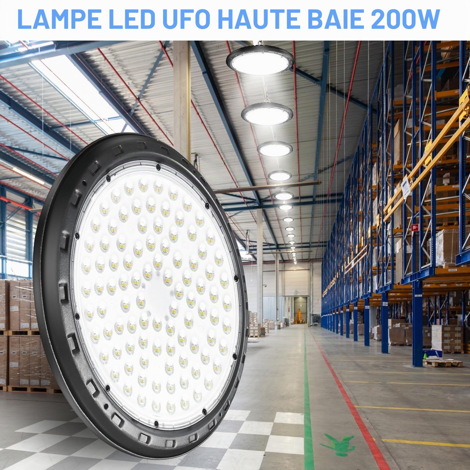 200W UFO High Bay Lumière, Lampe Eclairage Atelier, 20000LM Projecteur LED Industriel, 6500K Éclairage Garage IP66, pour Parking, Chantier, Entrepôt, Usine, Cour