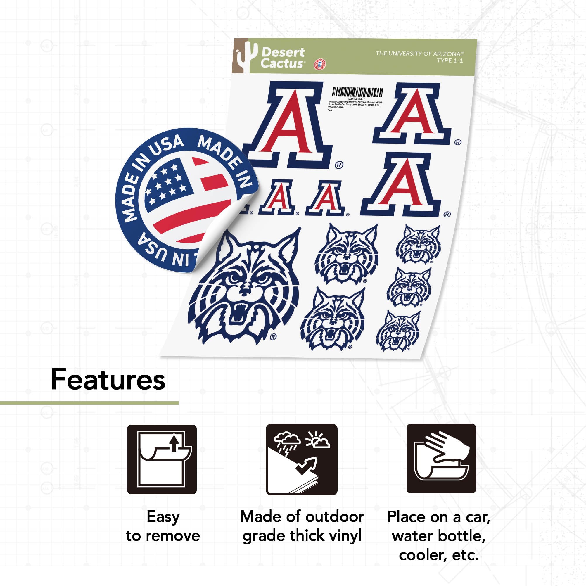Desert Cactus University of Arizona Sticker UA Wildcats Sticker Vinyl Decals Laptop Water Bottle Car Scrapbook Sheet T1 (Type 1-1)