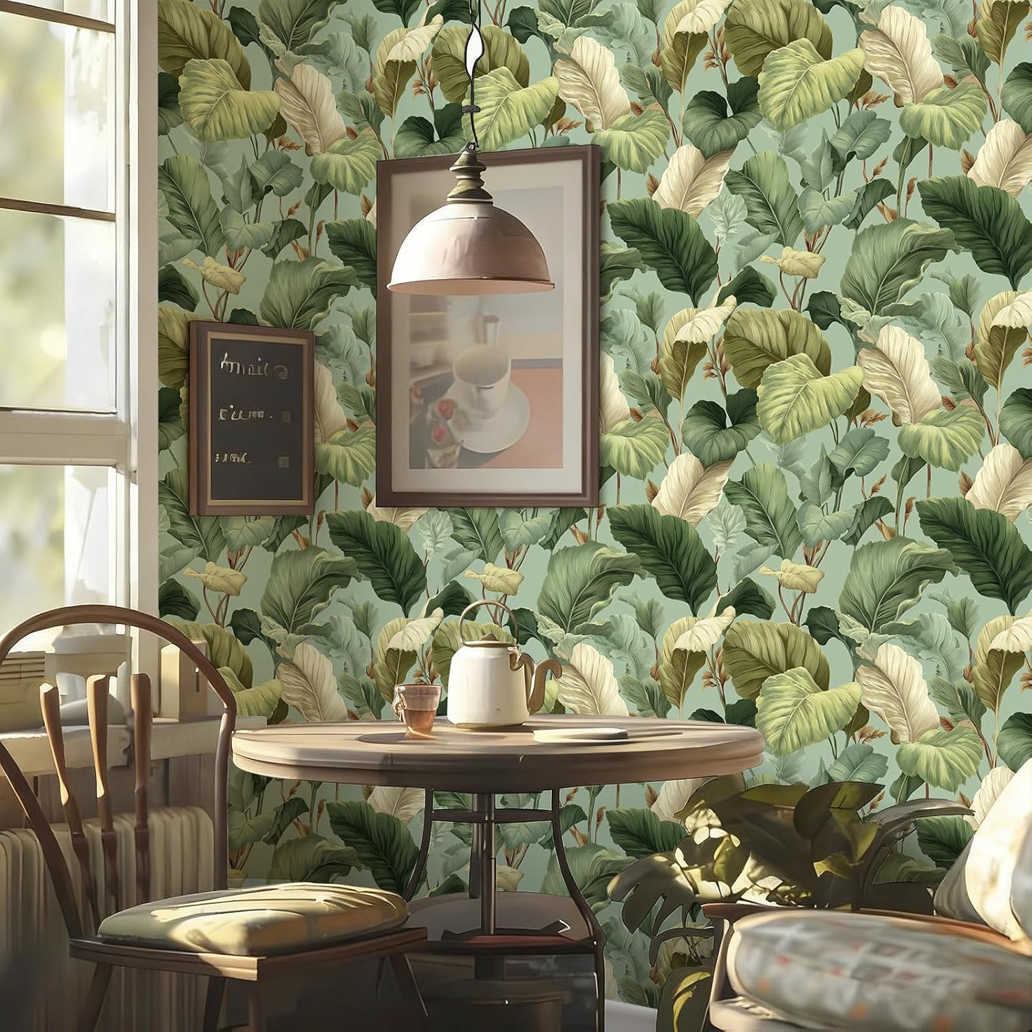 Stickorama Vintage Green Tropical Leaf Peel and Stick Wallpaper Self Adhesive 17.72" x 118.1'' Textured Botanical Design Wall Paper Renter Friendly Removable Waterproof for Living Room Bedroom
