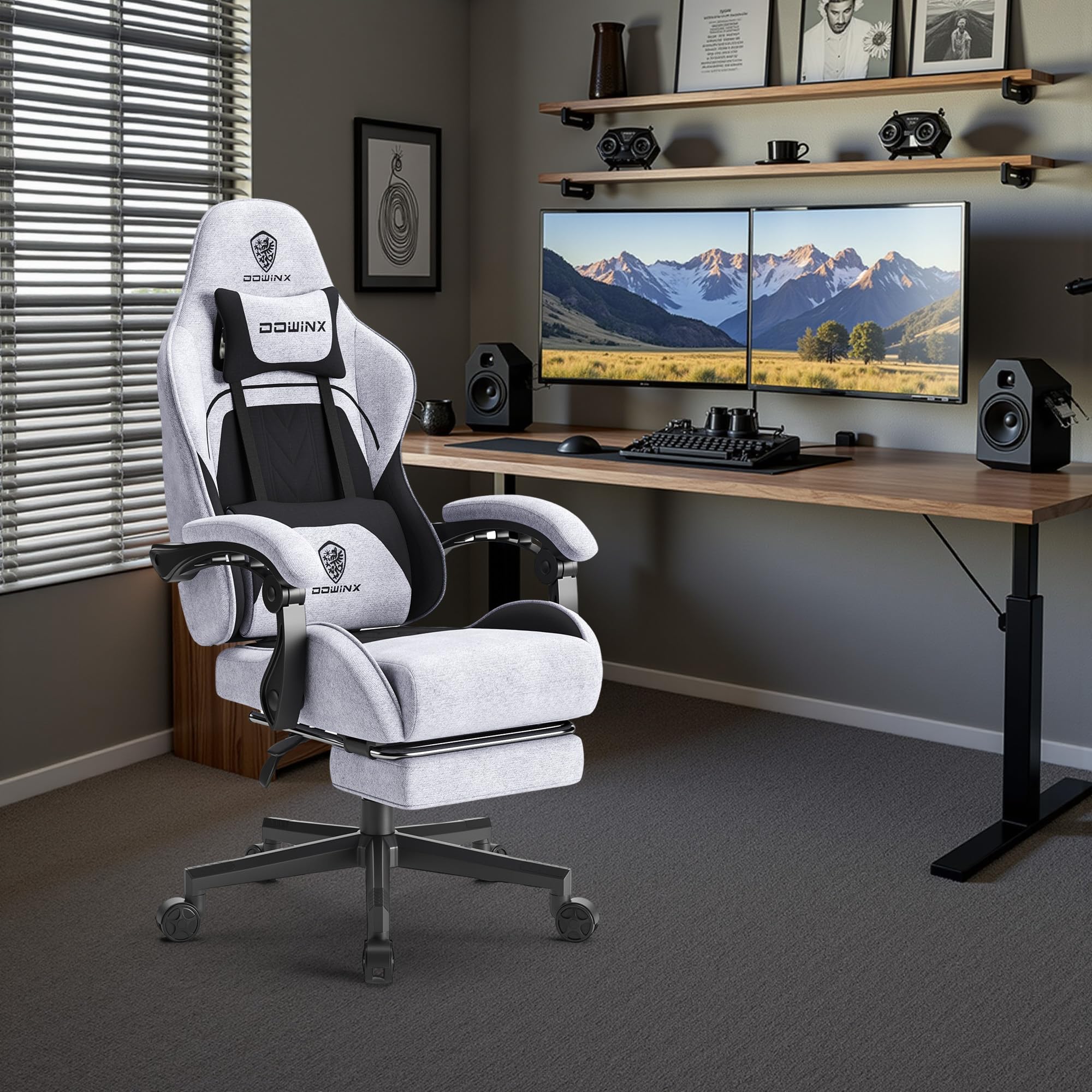 Dowinx Chaise Gaming Ergonomique, Fauteuil Gamer en Tissu Respirant avec Coussin Confortable à Ressorts Ensachés, Siège Gaming avec Appui-Tête et Repose-Pieds Rétractable, 150 kg, Noir et Gris