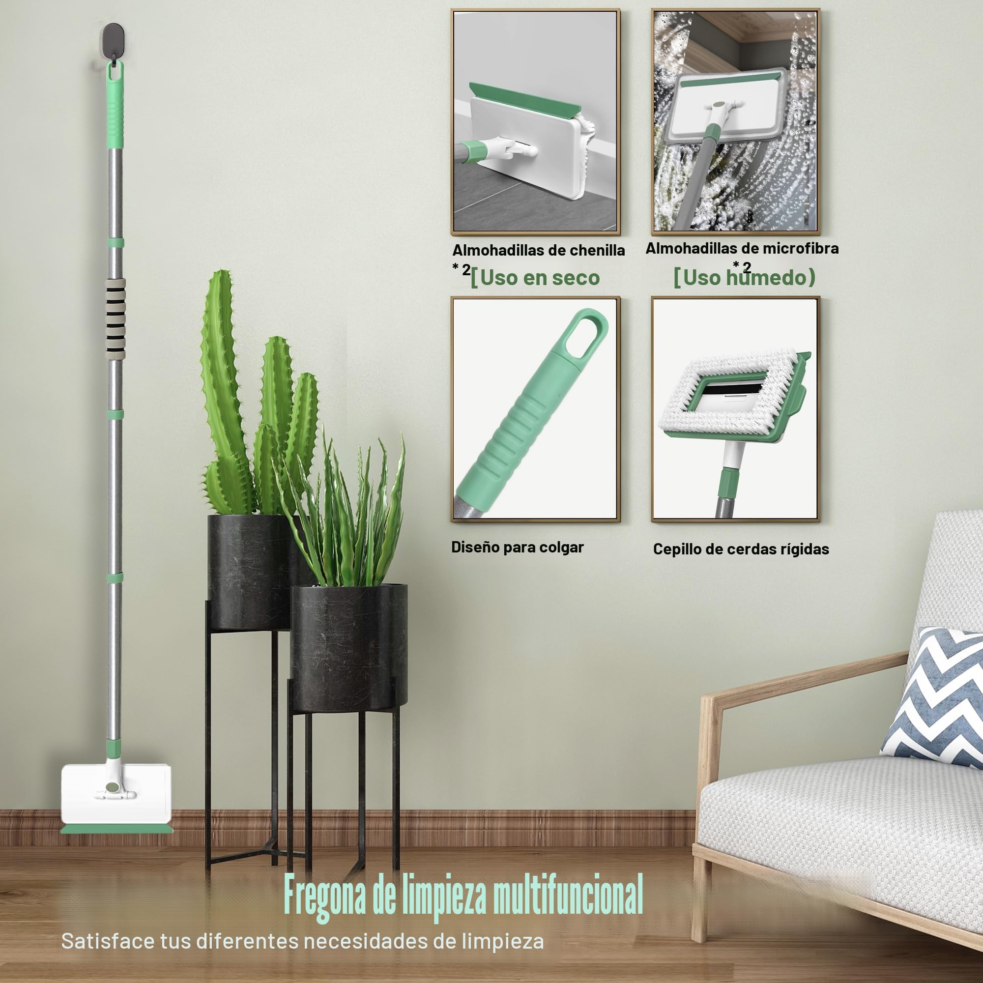 Mopa para Limpiar Azulejos y Paredes con Mango Ajustable 139CM - Kit Completo con 1 Cabezal y 4 Almohadillas para Zócalos, Techos, Cocina y Baño