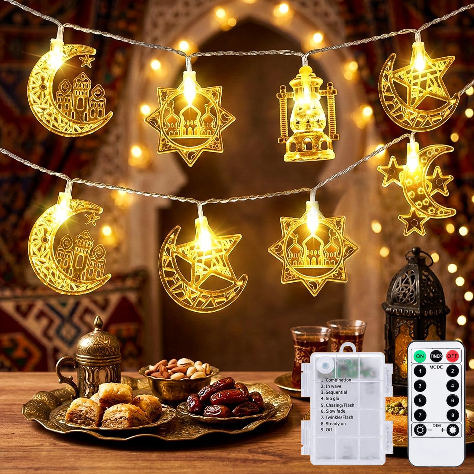 ZCLIKEU Ramadan Lichterkette Innen 3+0.3m 20 LED Warmweiß,8 Modi Lichterkette Batterie mit islamischen Motiven Timer & Fernbedienung,IP44 Lichterketten Für Fastenmonat Ramadan Deko