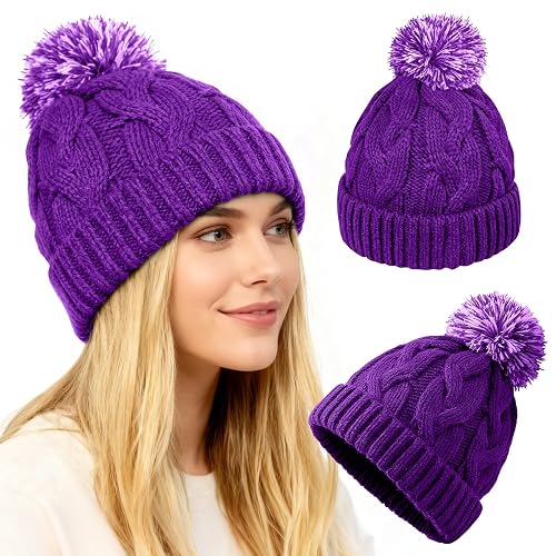 WDAIYEK Slouchy Chunky Knit Beanie with Pom Pom - Cozy Winter Bobble Hat for Women and Men Purple