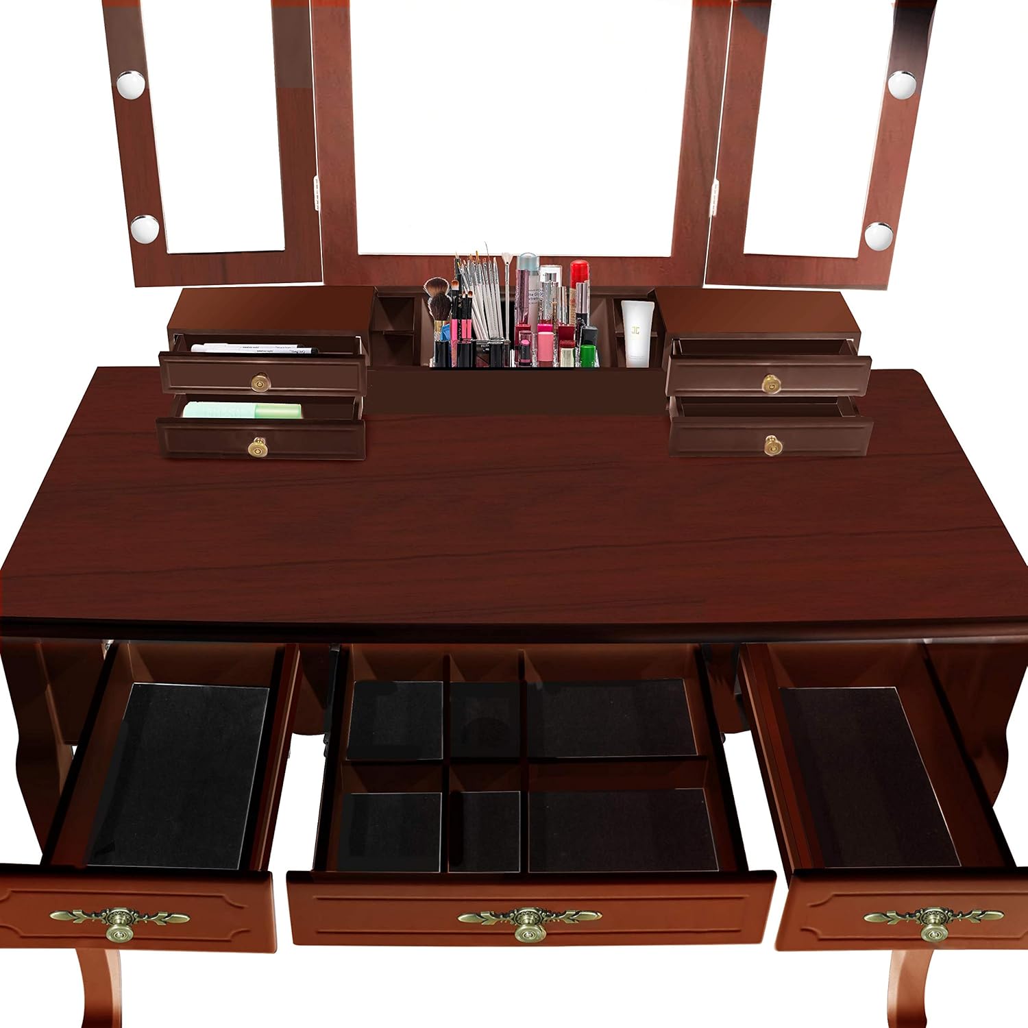 ENSTVER Vintage Vanity Set with 10 Hollywood LED Light Bulbs, Makeup Table with Stool and Mirror, Antique Vanity 6 Organization 7 Drawers, Dressing Table for Bedroom, Victorian Vanity Brown