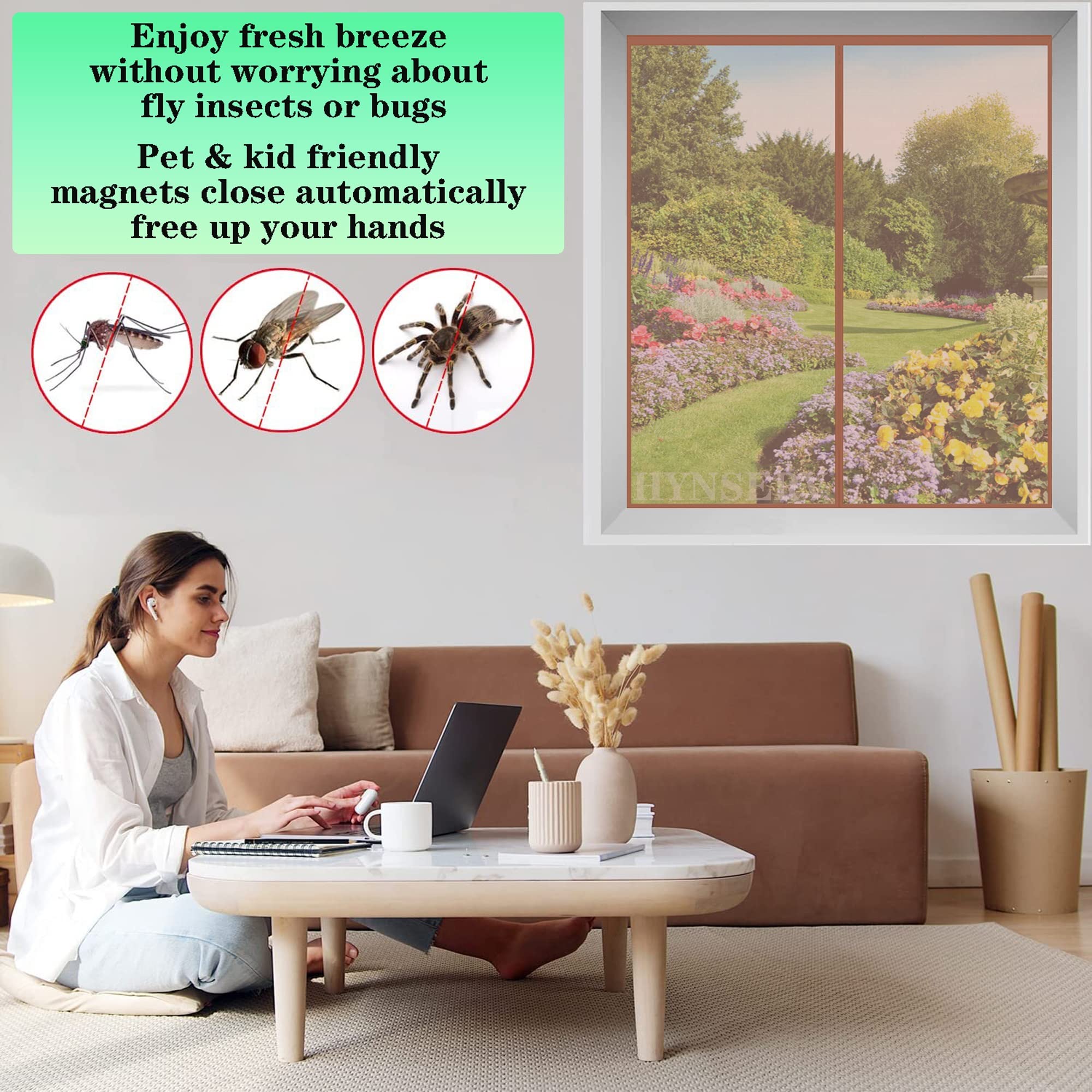 Insektenschutz Fenster 190x225cm Braun DIY Insektenschutz Magnetfenster Insektenschutzgitter ohne Bohren für Küche/Wohnzimmer/Schlafzimmer