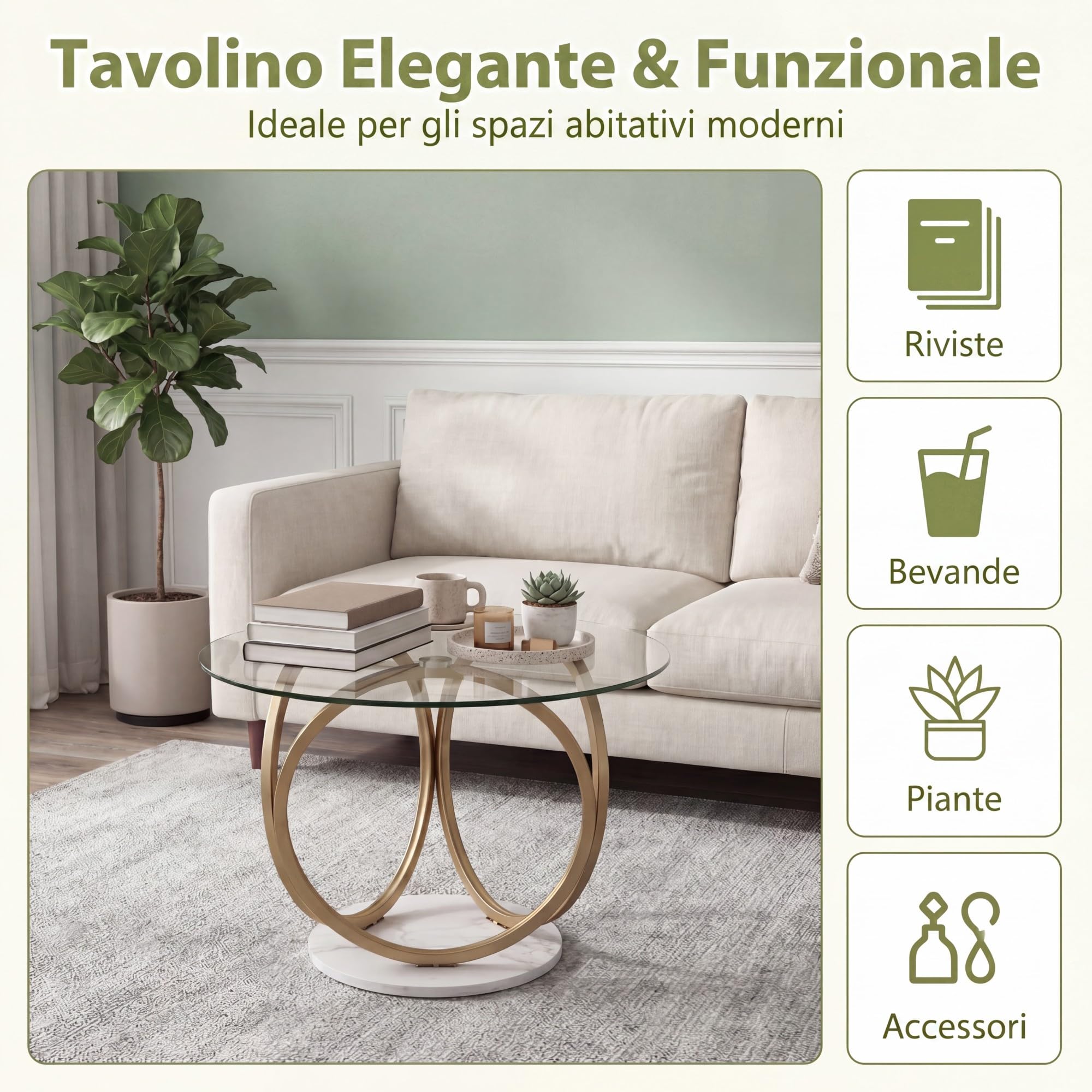 SOARS Tavolino da Caffè in Vetro Temperato, Tavolino Rotondo con Struttura in Metallo Dorato e Geometrico, Tavolino Moderno per Salotto, Camera, Cucina e Sala da Pranzo, Portata 30 KG