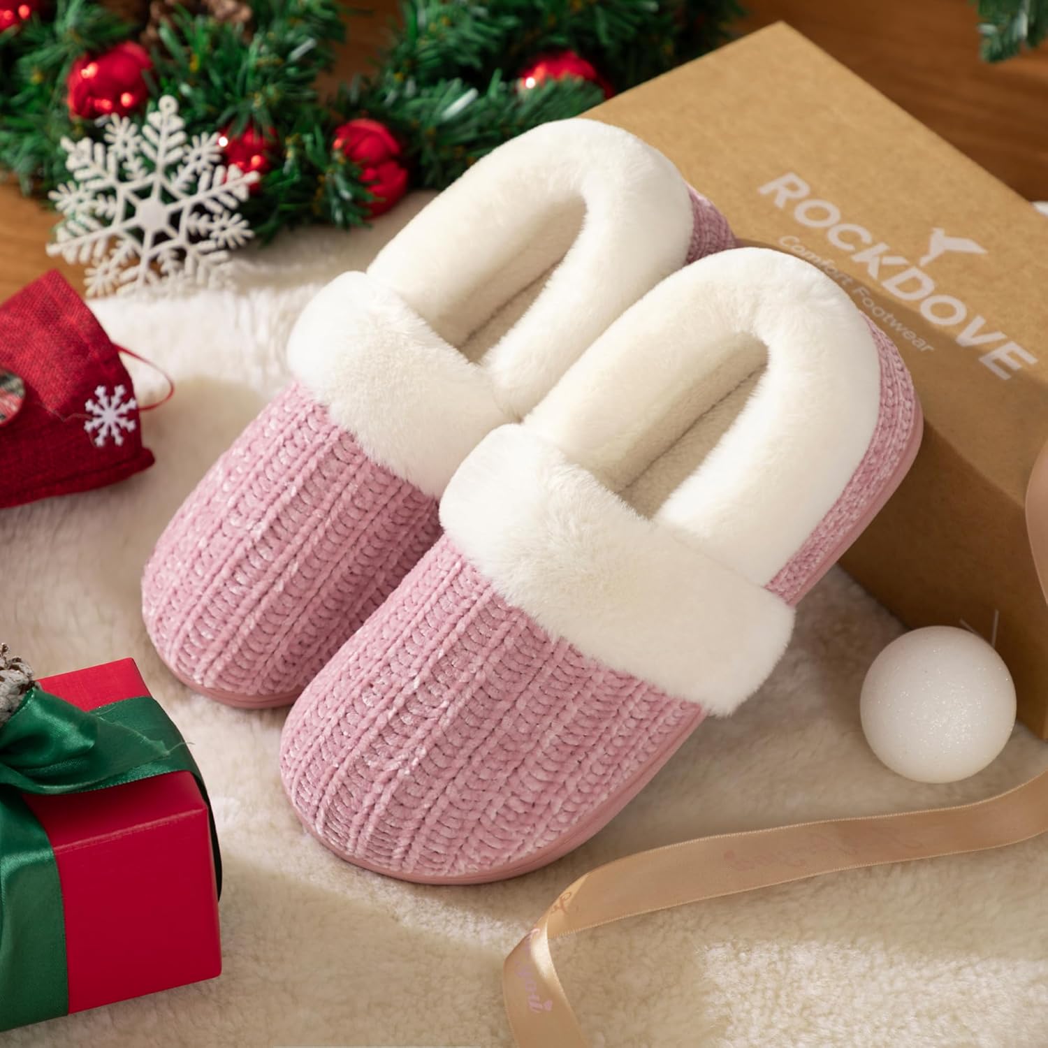 RockDove Women's Cozyweave Chenille Slipper with Faux Fur Collar Sherpa Fleece Lining Soft Cushioned Footbed and Non Slip Rubber Sole - Image 3