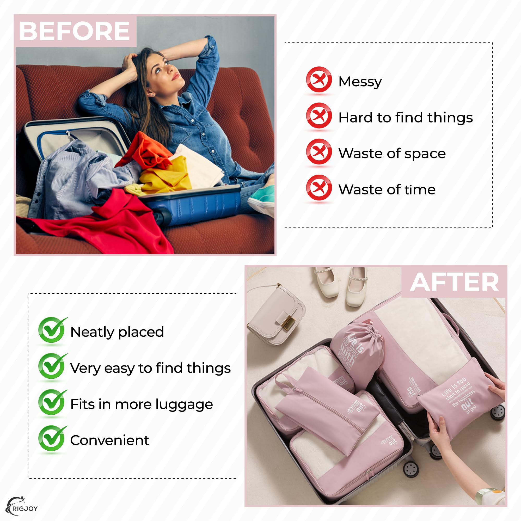 RIGJOY 6 Pcs Packing Cubes for Travel, Travel Organizer Pouches for Luggage, Suitcase with Cosmetics, Toiletry, Underwear and Shoe Bag, Packing Bags for Travel (Set of 6) - Pink - Image 6 thumbnail