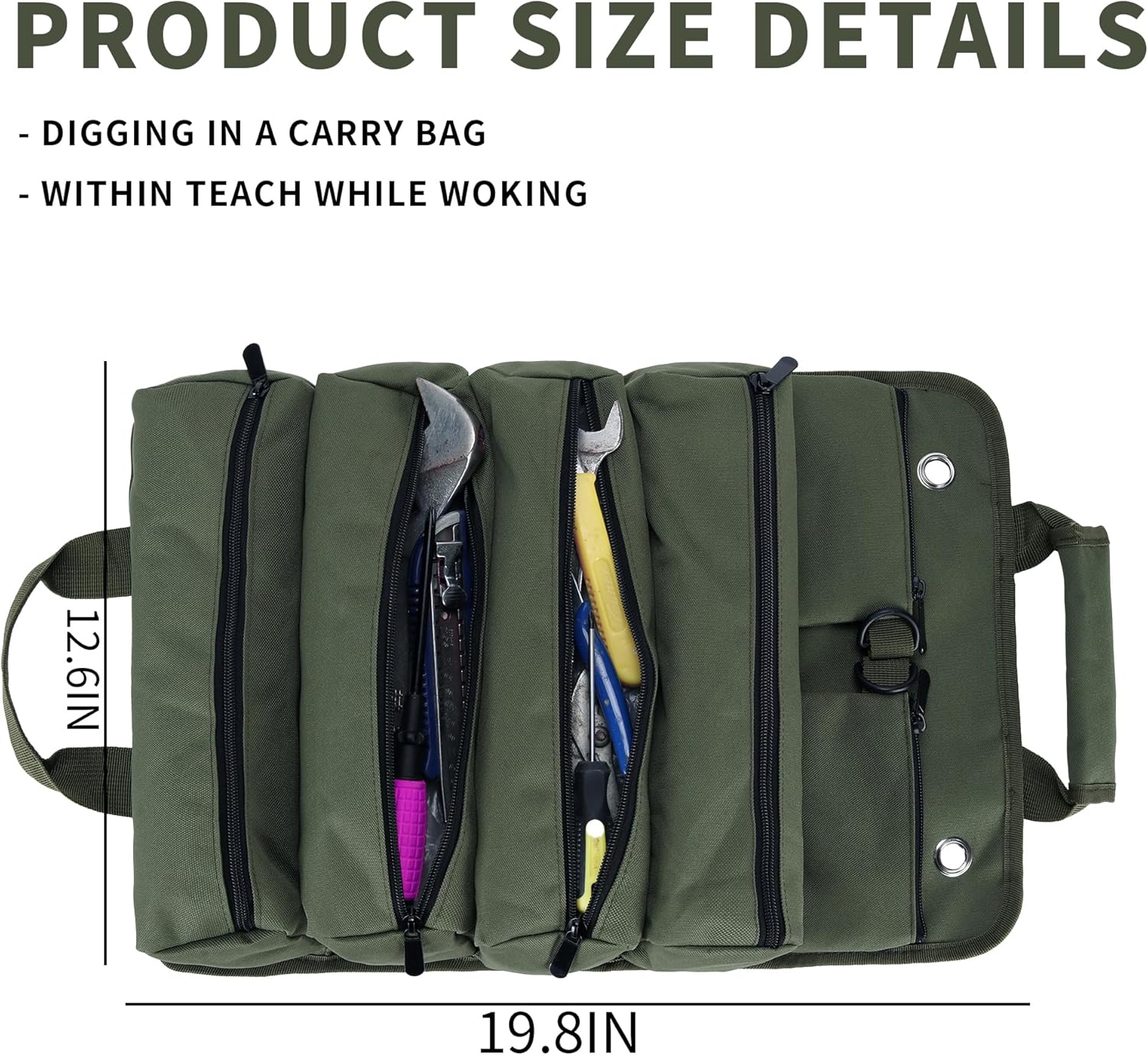 Tool Roll Bag, Tool Bag Organizer, Tool Carrier Roll UP Storage Pouches with 6 Zipper Pockets & Strap, Gifts for Men Mechanic Electrician Hobbyist (Army Green)