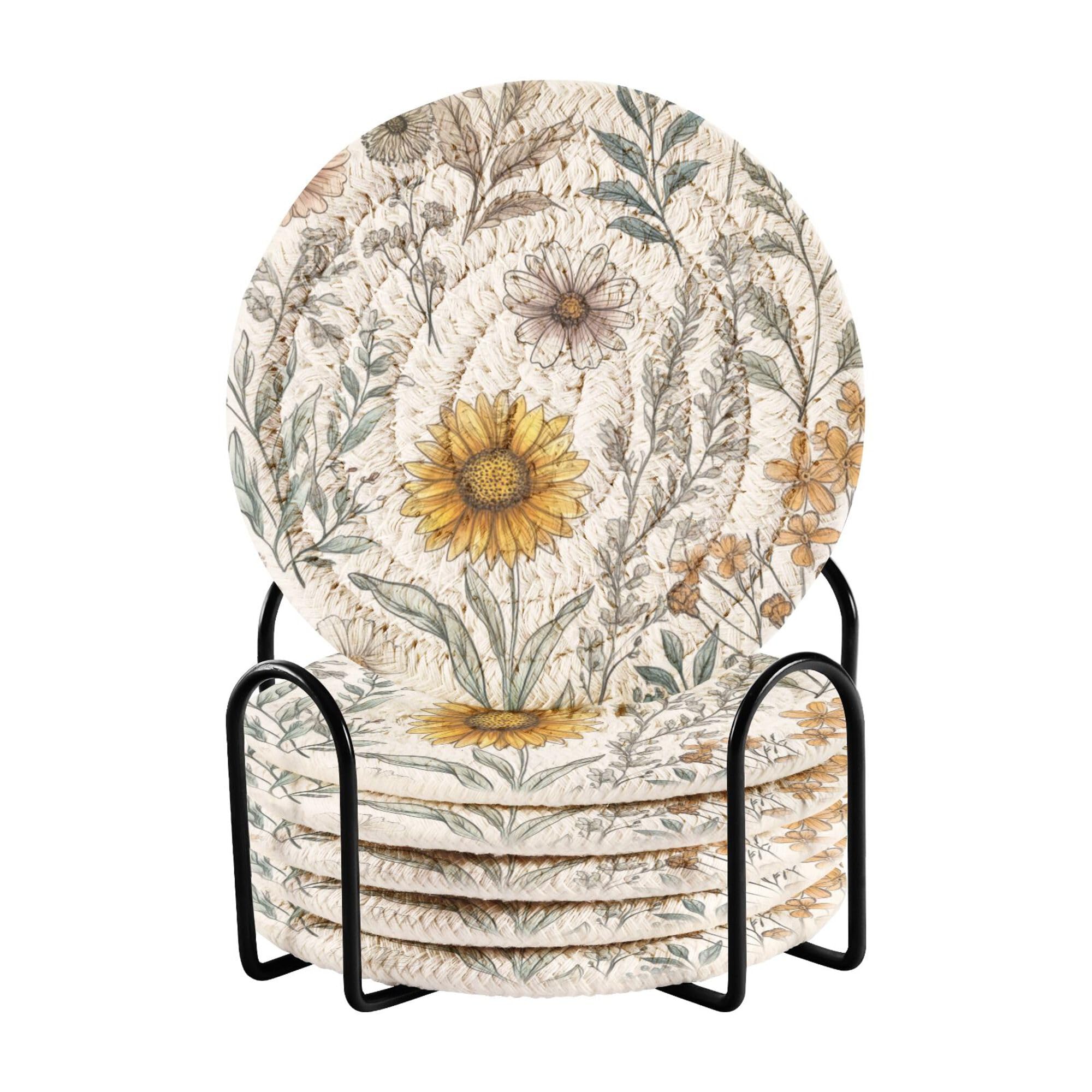 Florals Sunflower Zinnia Hyacinth White Cotton Rope Absorbent Coasters with Holder Set of 6 Home Coasters