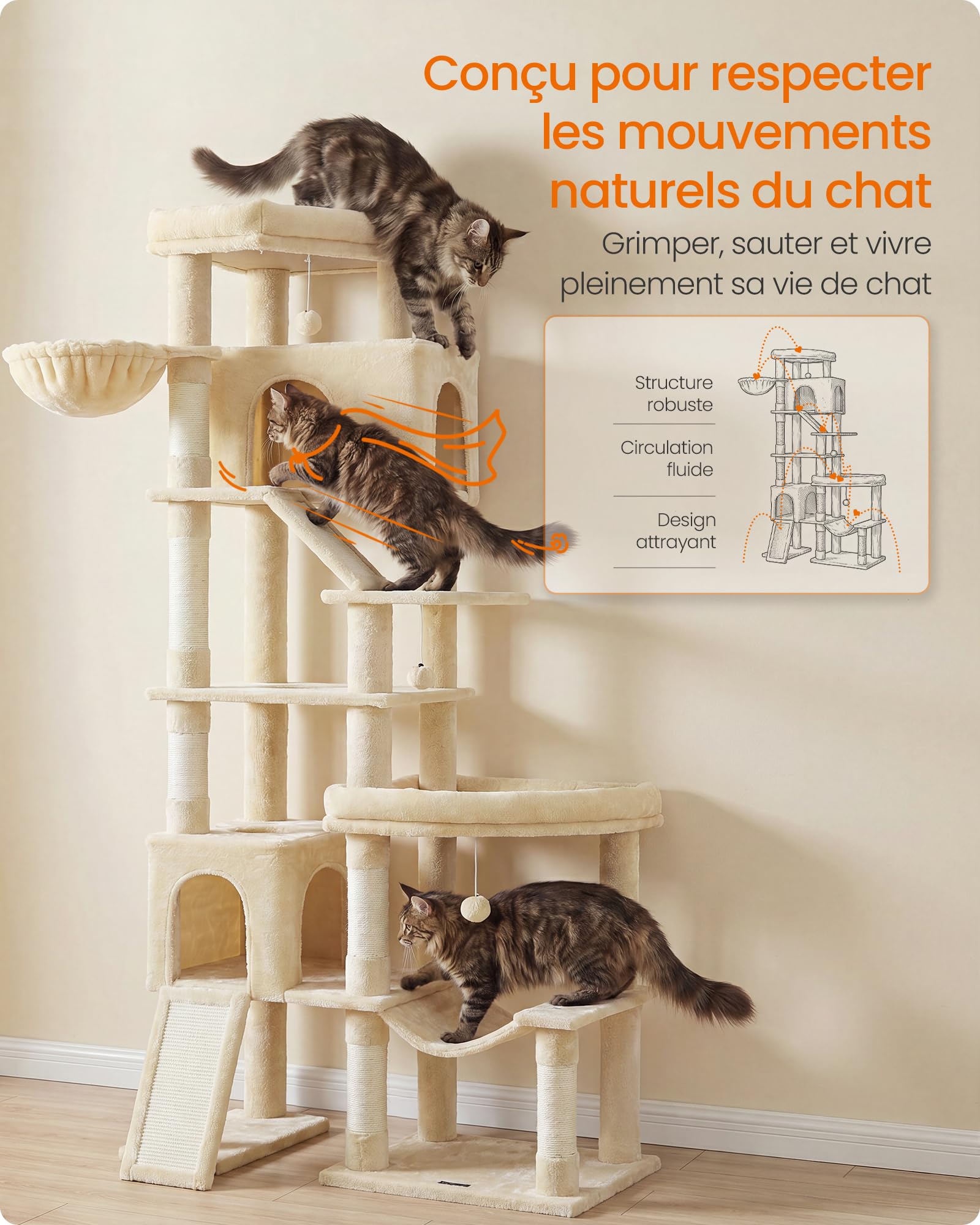 Feandrea Arbre à Chat XXL, Base Double, Poteaux Sisal, 6 Niveaux, Griffoir, 105 x 45 x 202 cm, Beige Clair, Multi-Chats, Collection Clawfy PCT020Y101