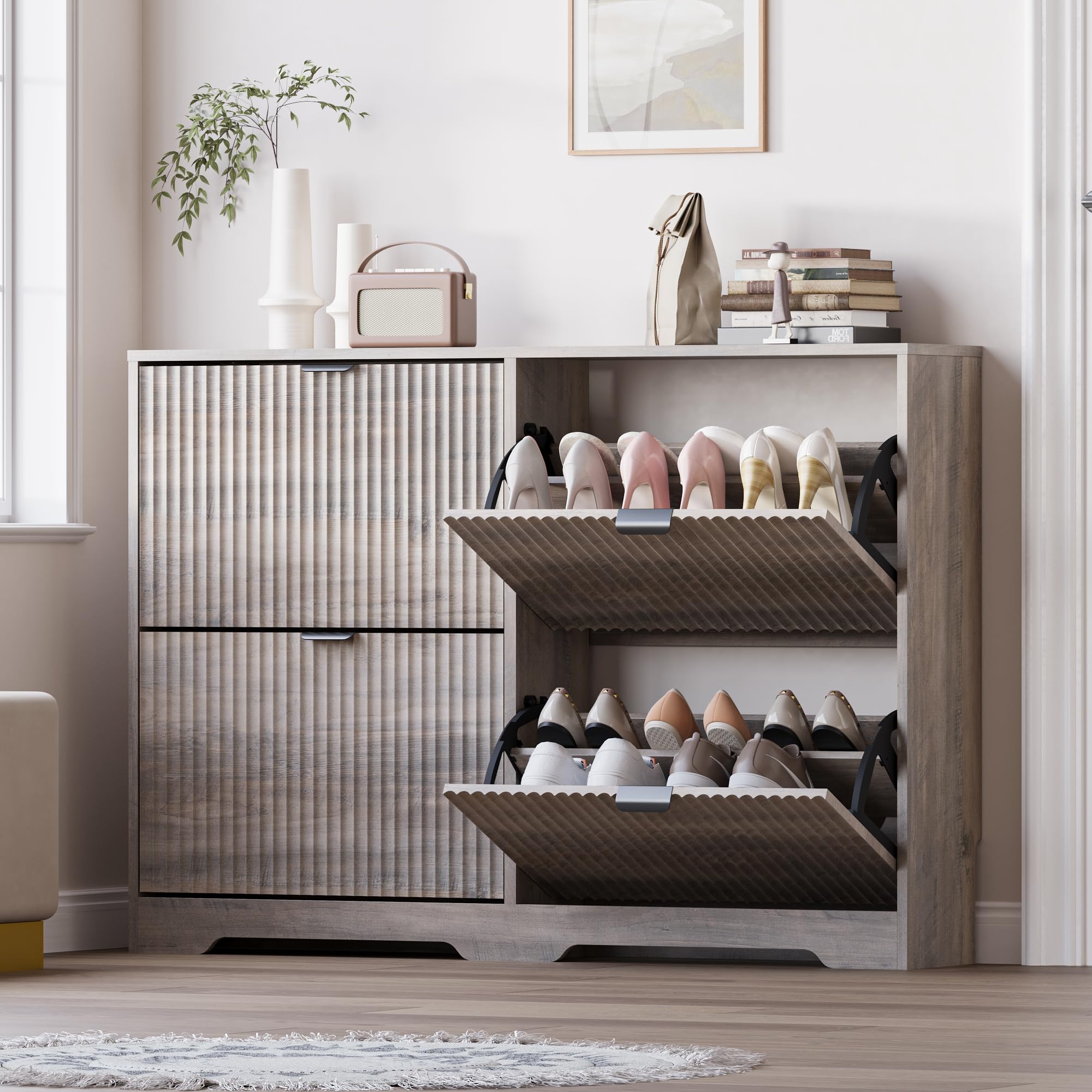 BORNOON Large Shoe Cabinet for Entryway, Shoe Rack Cabinet with 4 Flip Drawer and Adjustable Shelves for Small Apartment, Foyer