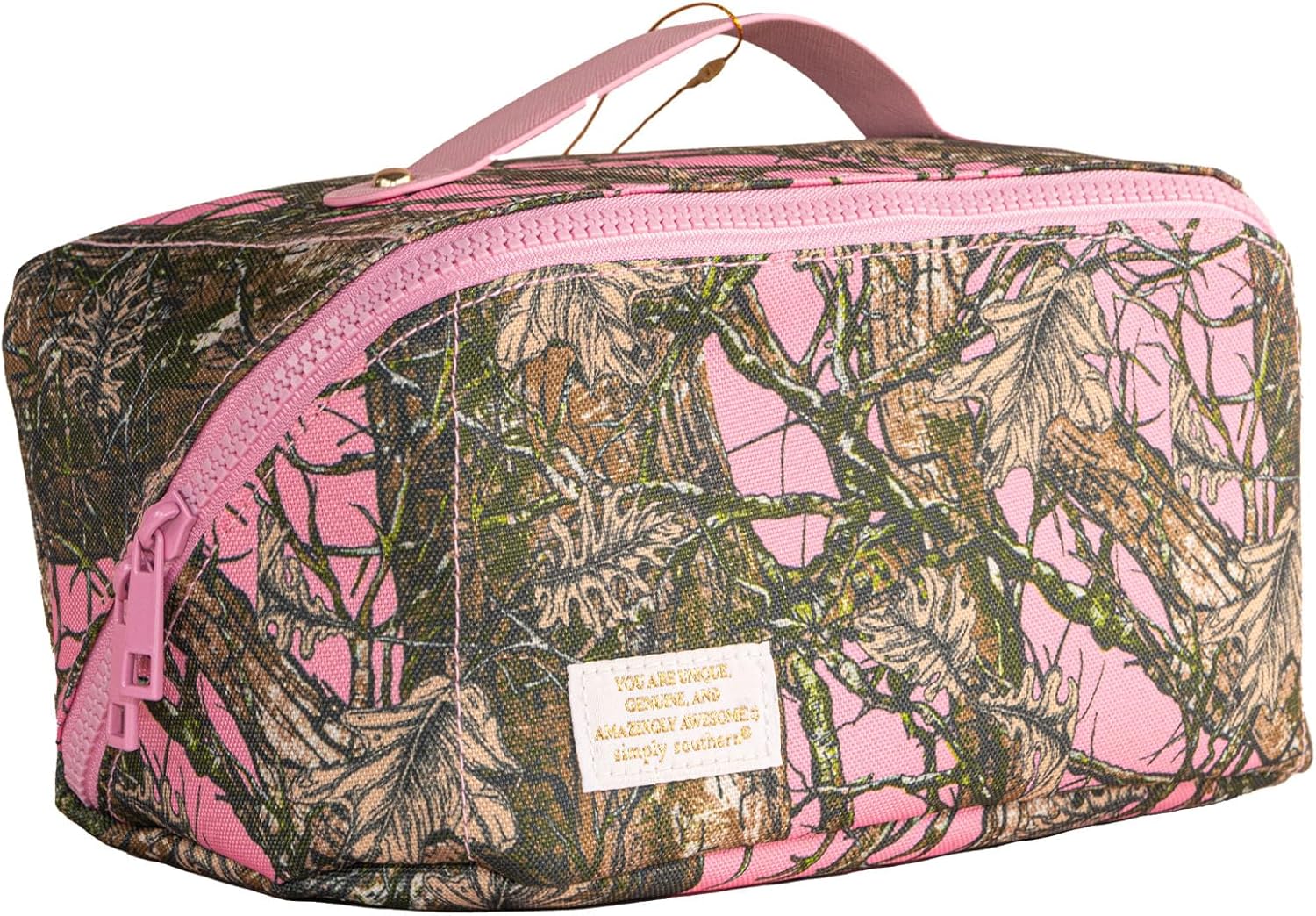 Simply Southern Cosmetic Bag, Fully Lined, 4 Interior Pockets (Camo Pink)
