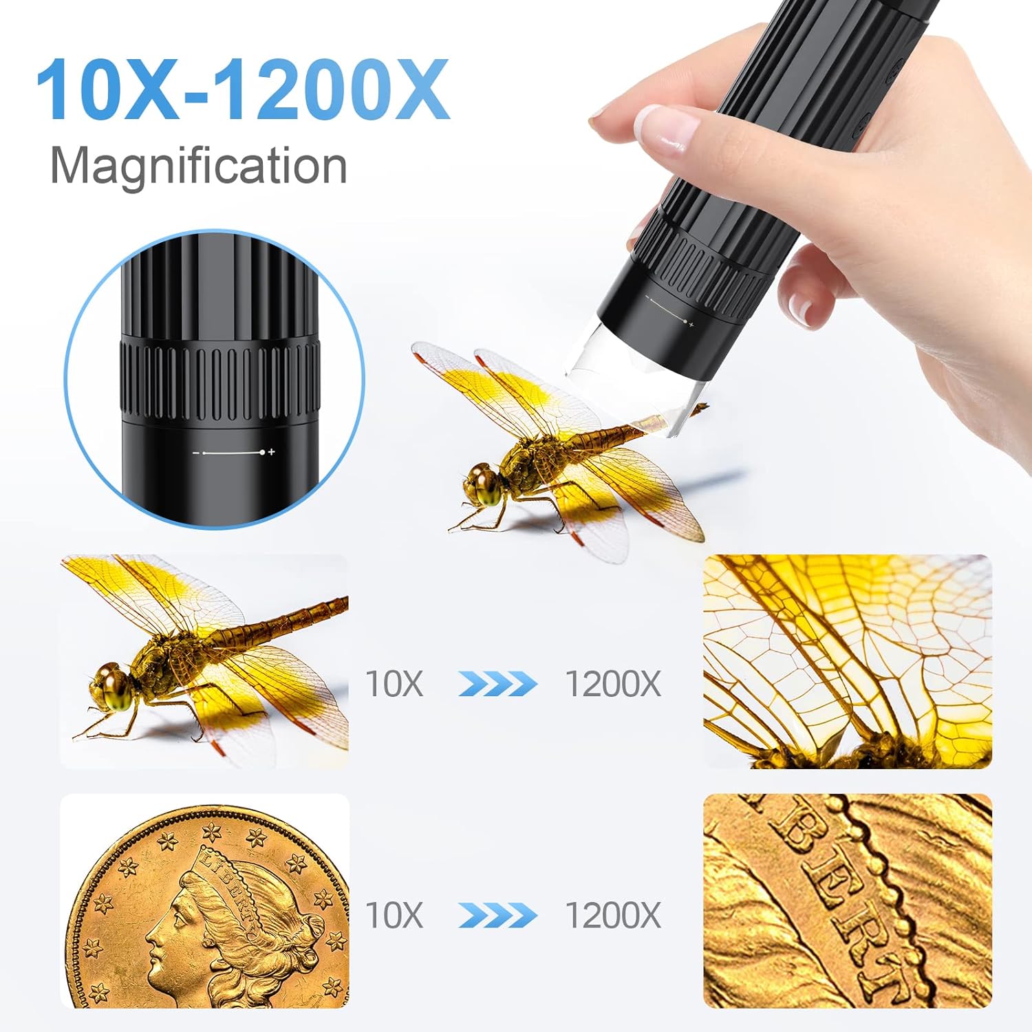 Hayve W1 microscope showing 10X to 1200X magnification on a dragonfly wing and a coin