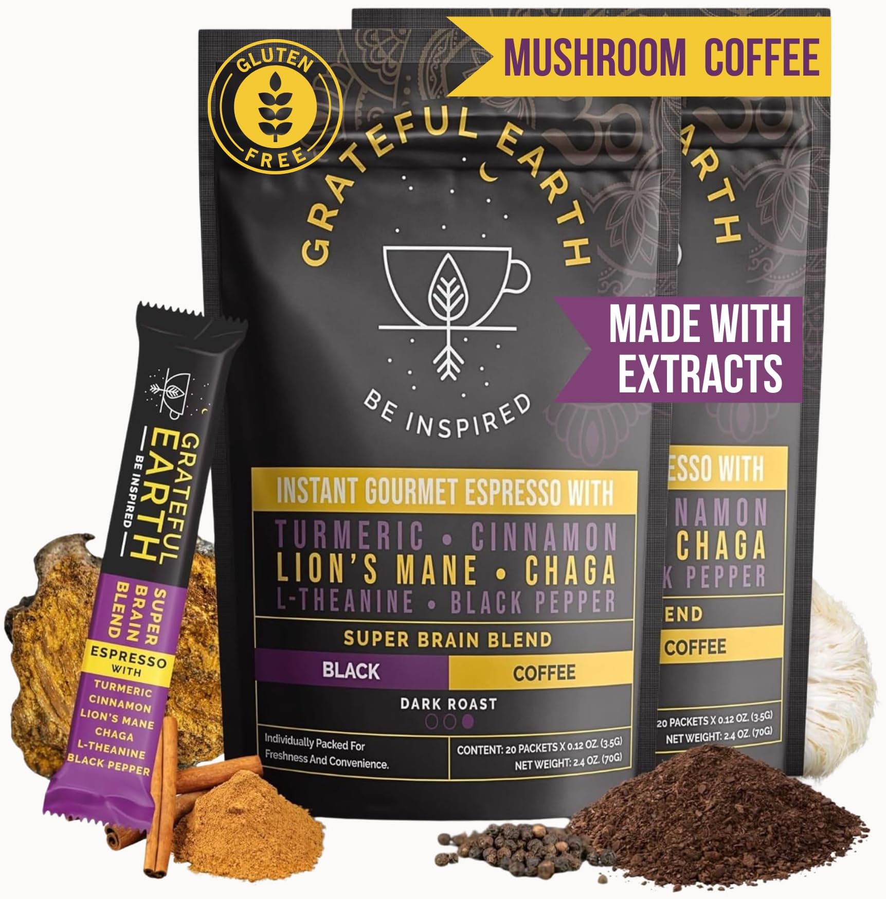 Mushroom Coffee, Espresso Instant Coffee with Cinnamon, Turmeric, Lion’s Mane Mushrooms, L-Theanine, Chaga Super Brain Blend, Energy & Immune Support, Dairy & Gluten Free, 2 Bags, 40 Ct