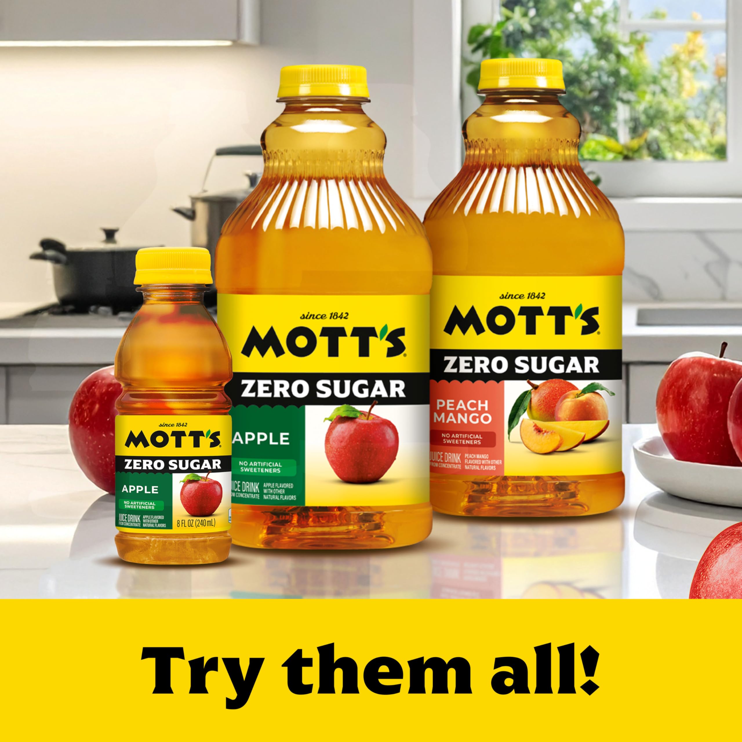 Mott's Zero Sugar Apple Juice Drink, 8 fl oz bottles, 24 Count (4 Packs of 6), Apple Flavor, Excellent Source of Vitamin C