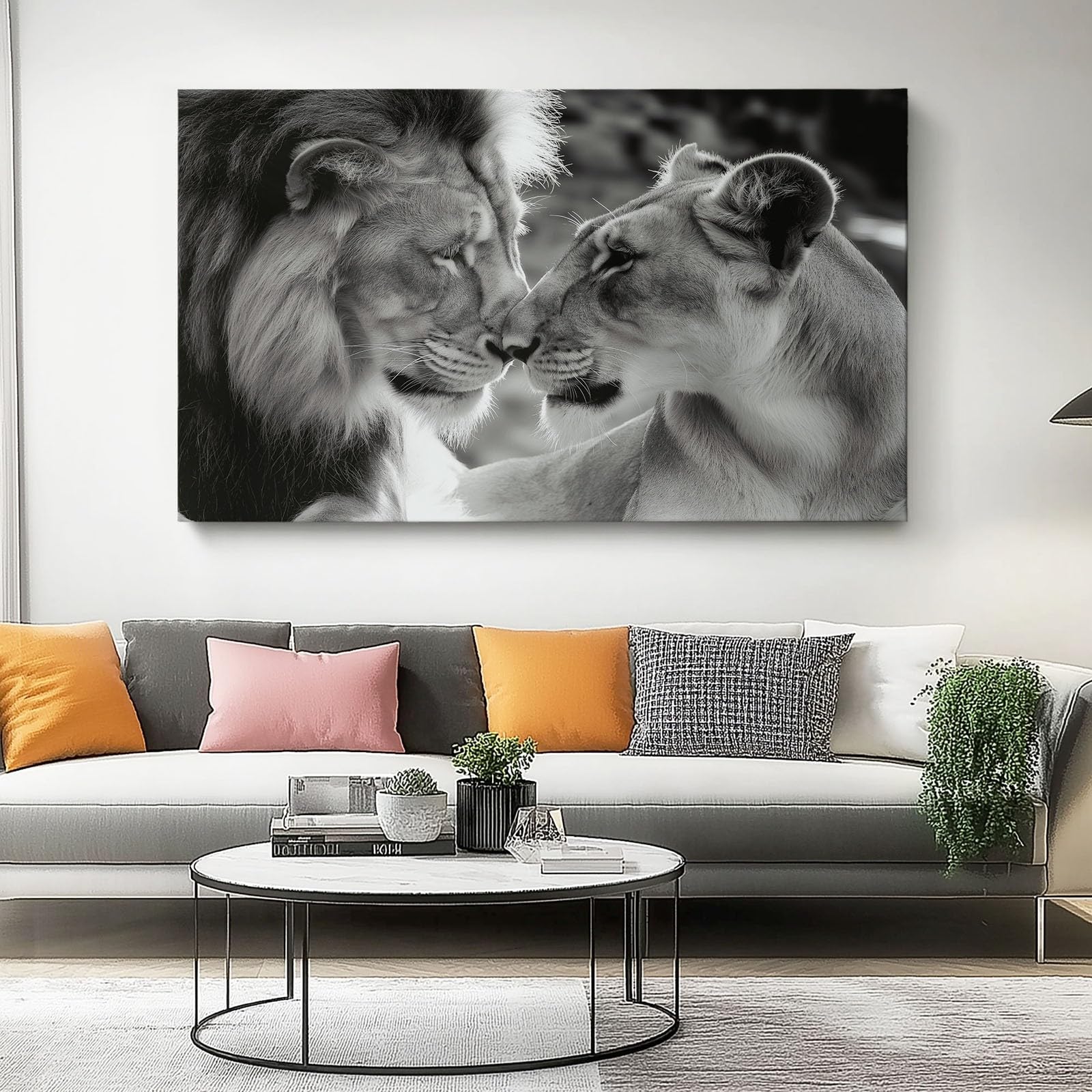 Cuadros de lienzo Animales Leones Enamorados patrón, Lienzos 150 x 50 cm (Sin marco) decorativos para salón dormitorio Cocina Pared, Cuadros de lienzo Gris fondo