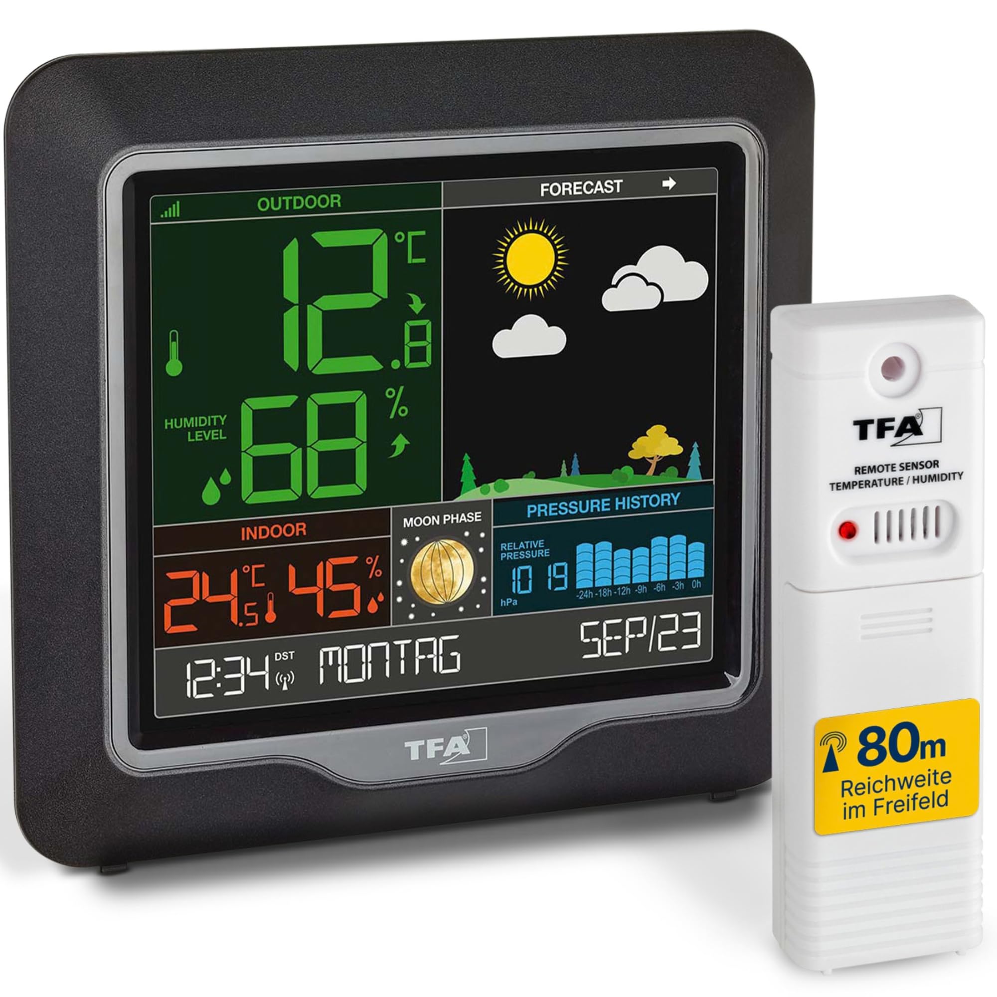 TFA Dostmann Season Funk-Wetterstation, 35.1150.01, Wetterstation Funk mit Außensensor, Mondphasen, Funkuhr, innen und Außen, L 175 x B 32 (84) x H 165 mm