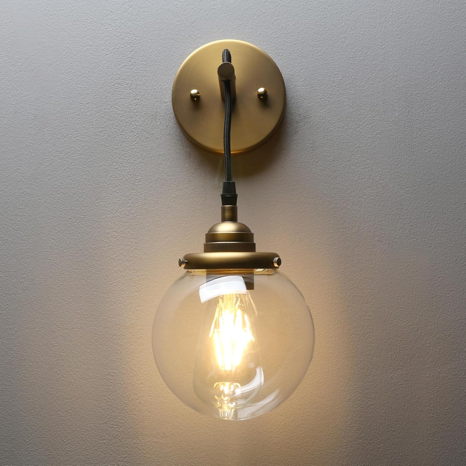 Phansthy Vintage Glass Wall Sconce, Hanging Wire Indoor Wall Lamp, 5.9" Globe Wall Lighting Fixture Adjustable Hanging Cord, Home Decor Art Wall Light Hardwired Farmhouse Wall Sconce (Antique)
