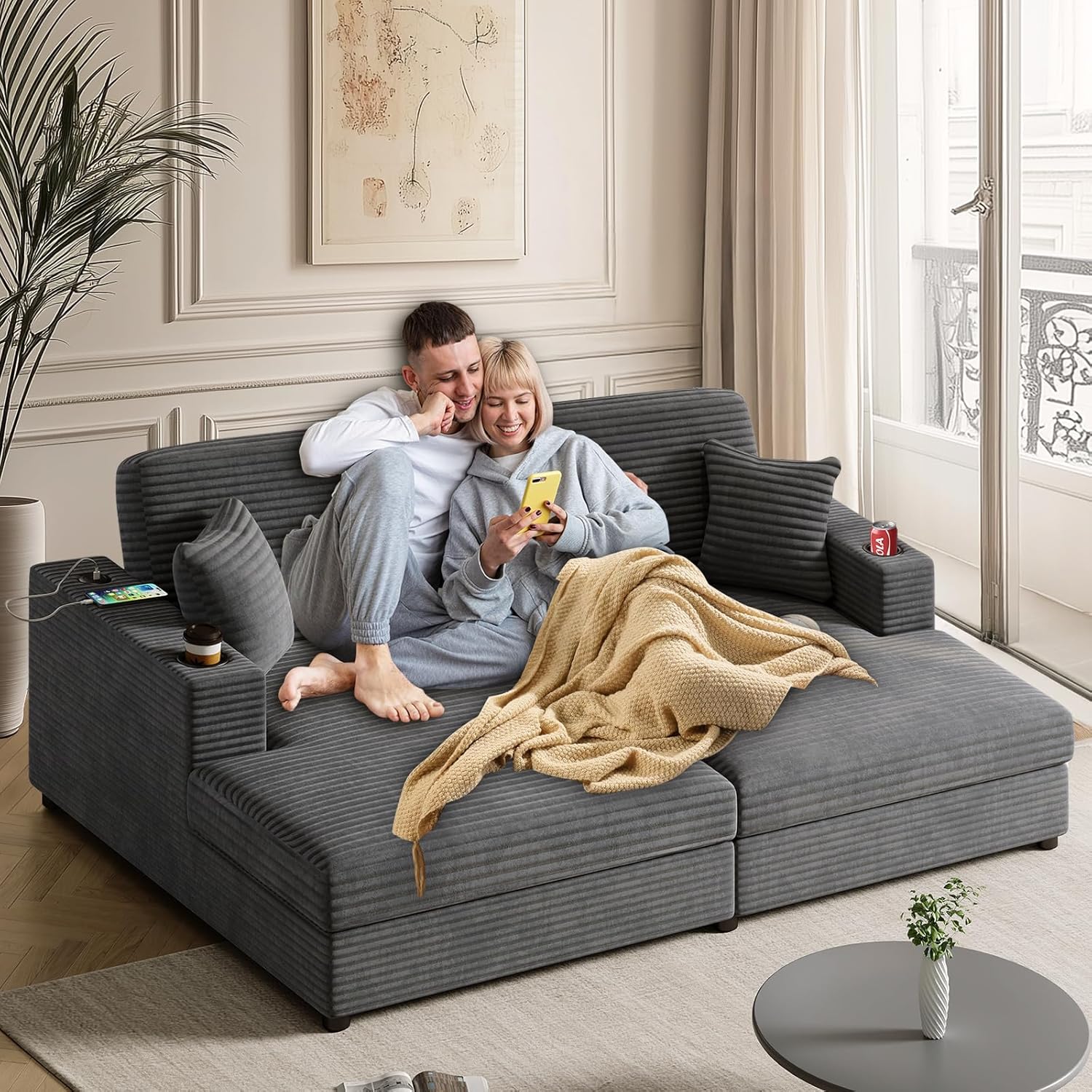 86.5" Oversized Corduroy Sleeper Sofa Bed - Loveseat Chaise Lounge Sectional with USB Ports, Cup Holders, and Throw Pillows for Living Room and Bedroom (Black)