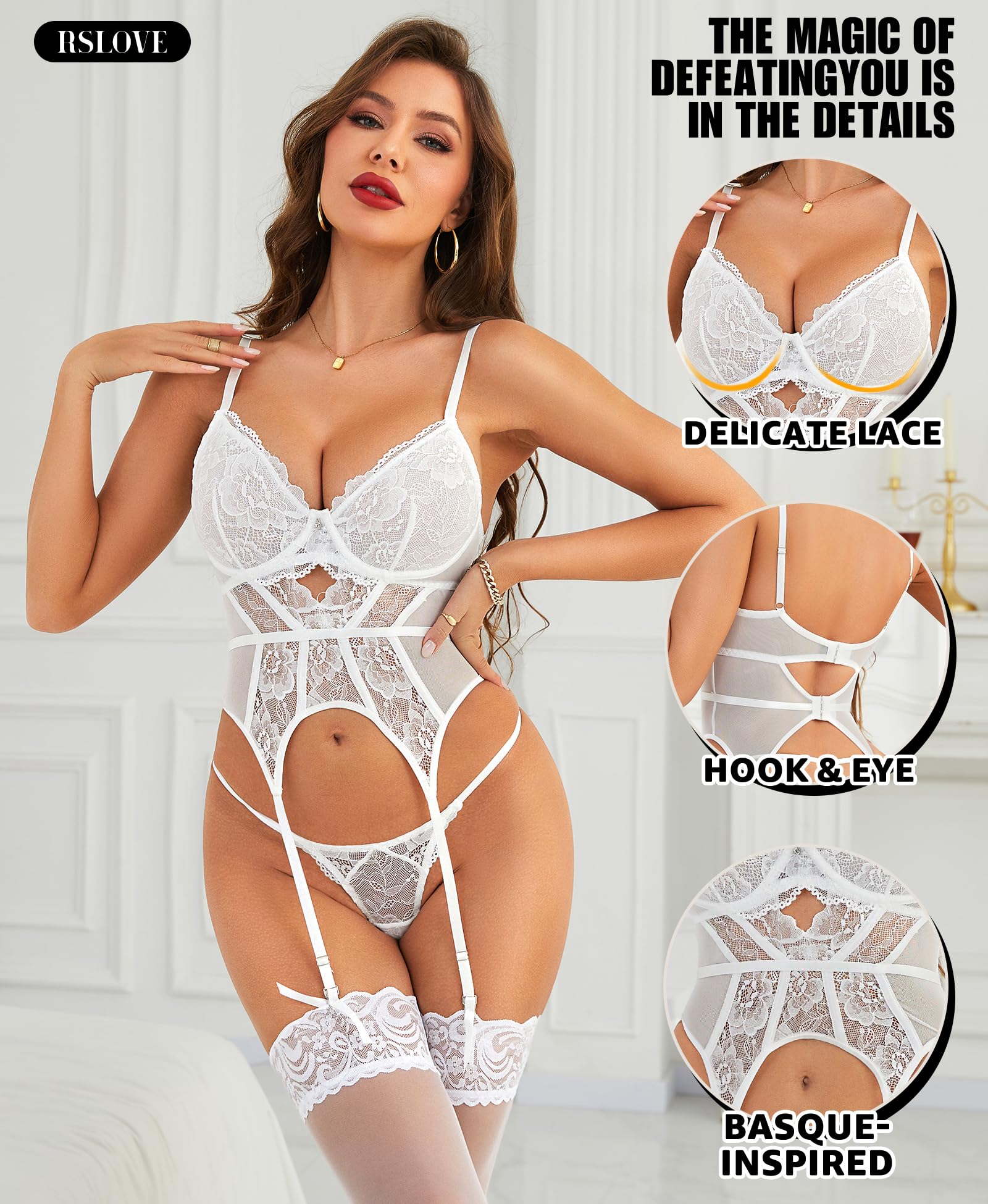 Ensembles de Lingerie Femme Sexy – Body Basque en Dentelle avec Jarretière, 2 Pièces
