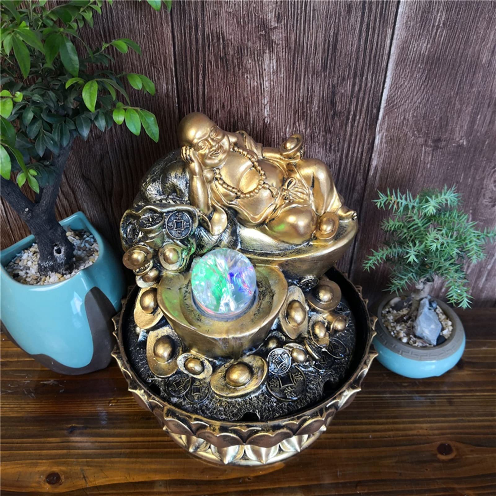 IndoorRelaxation fontanna wodospad ręcznie robione prezenty szczęśliwe feng shui dekoracje złote maitreya statuetki buddy do wnętrz biurko fontanny wodne z świecącymi kulkami akcesoria domowe fontanny