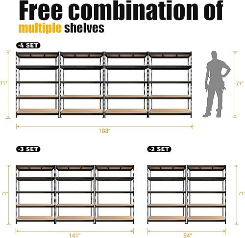 Miniatura 8 de PrimeZone Estantes de almacenamiento de garaje de 5 niveles ajustables y resistentes, 47 pulgadas de ancho x 18 pulgadas de profundidad x 71