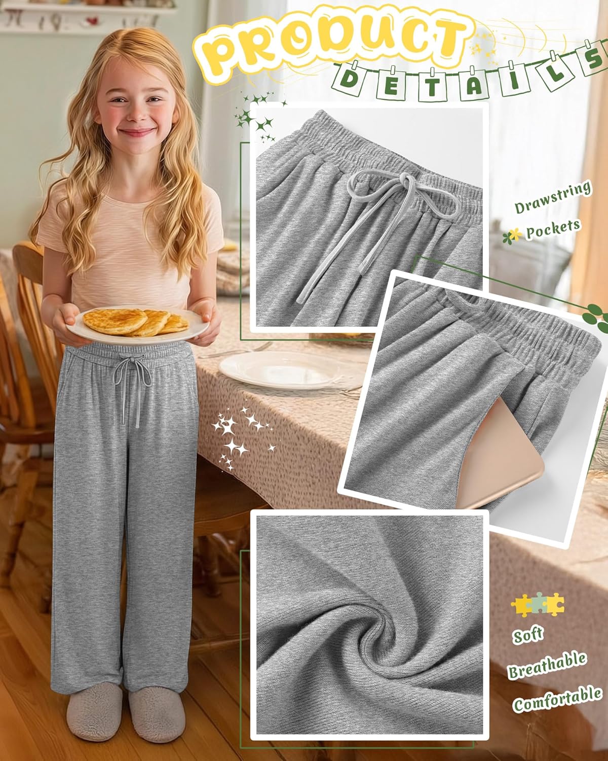 3 Pack Girls' Wide Leg Sweatpants with Pockets Drawstring Baggy Lounge Pants Kids Loose Workout Athletic Soft Pant - Image 6