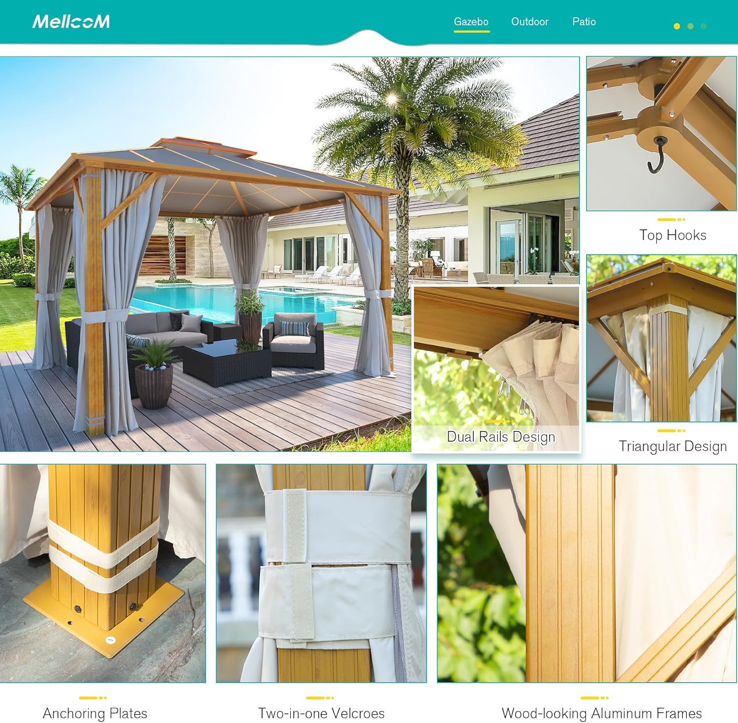 Interior view of the MELLCOM gazebo showing furniture and curtains.